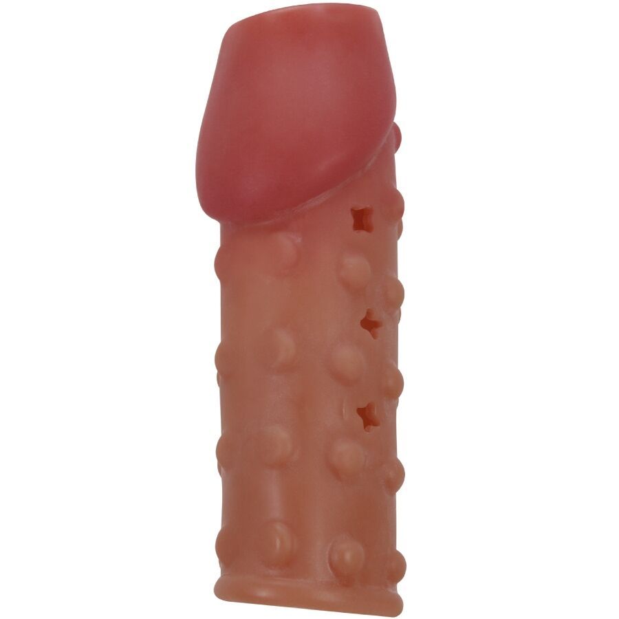 Penisverstärker aus braunem Material mit Noppen und roter Spitze. Vertikale Ansicht.