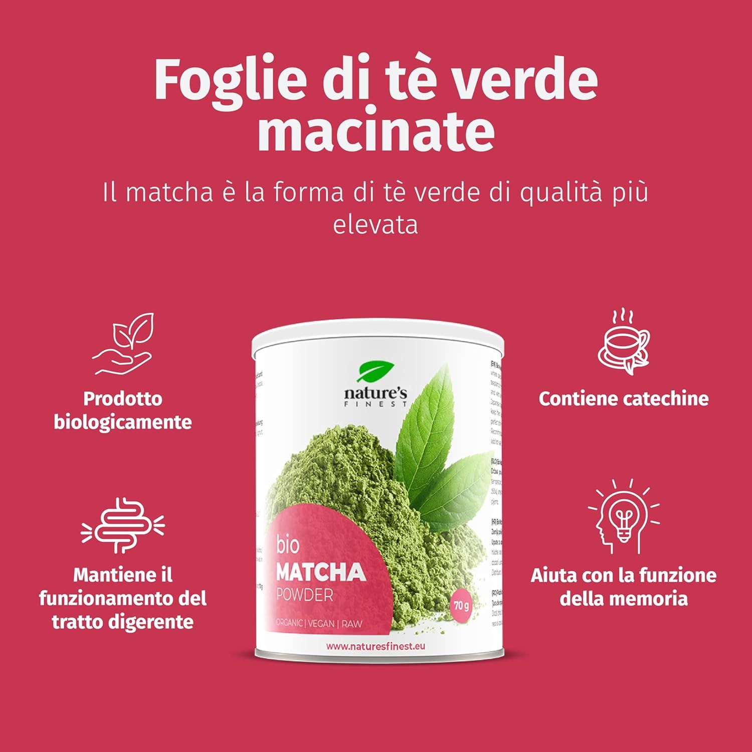 Werbung mit Dose Matcha-Pulver und Icons. Text: Foglie di tè verde macinate. Enthält Catechine, unterstützt die Verdauung.