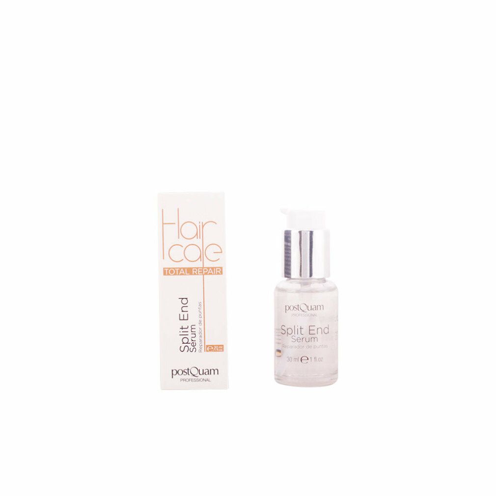 Serumflasche und Verpackung. Aufschrift: Hair Care Total Repair, Split End Serum. Marke: Postquam. Flasche mit Pumpverschluss.