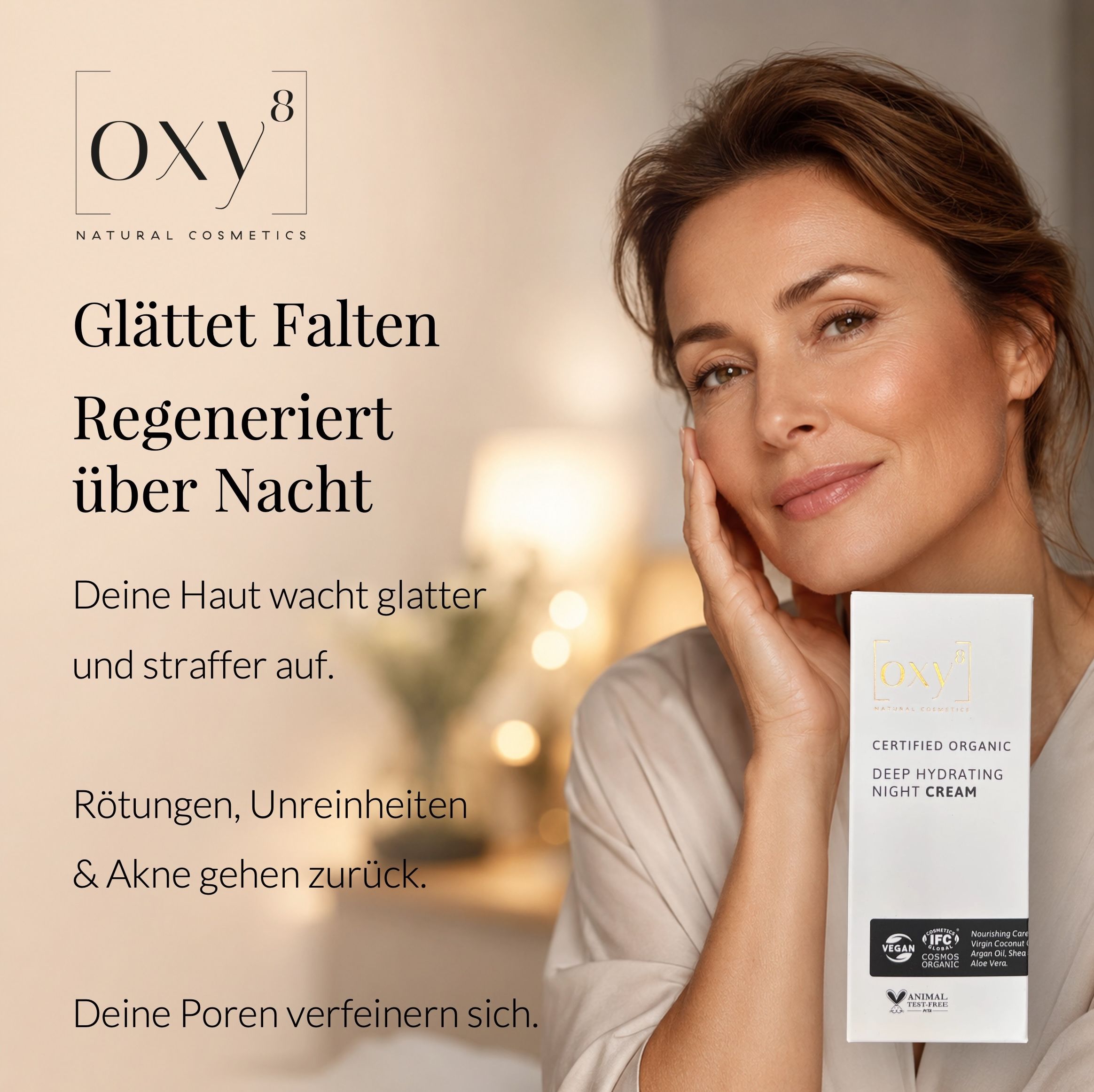 Frau, die ihr Gesicht berührt. Text: Falten werden tiefer? Text auf Deutsch.