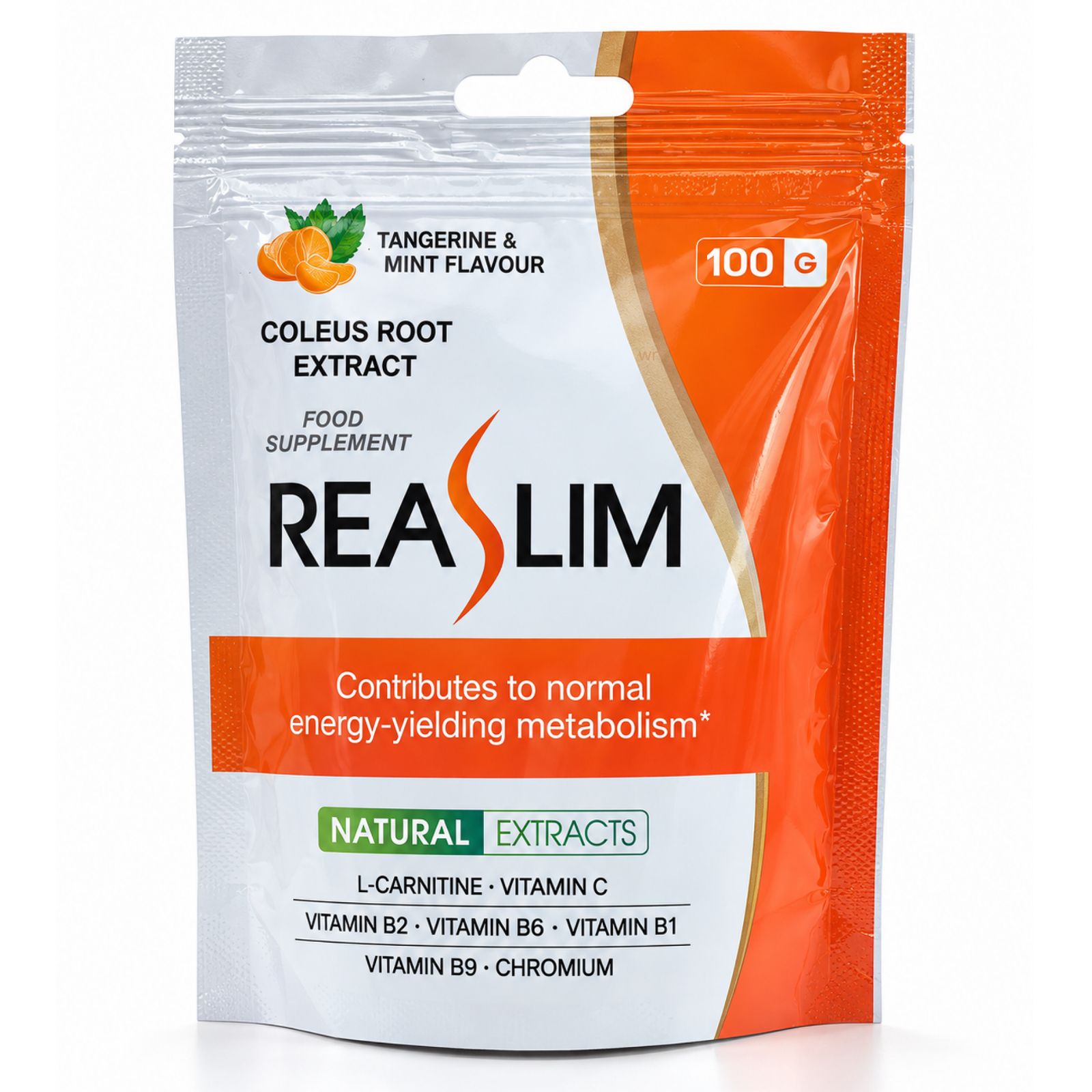 ReaSlim Beutel mit 100g Pulver, Mandarine & Minze Geschmack. Enthält Coleus-Wurzelextrakt, L-Carnitin, Vitamine.