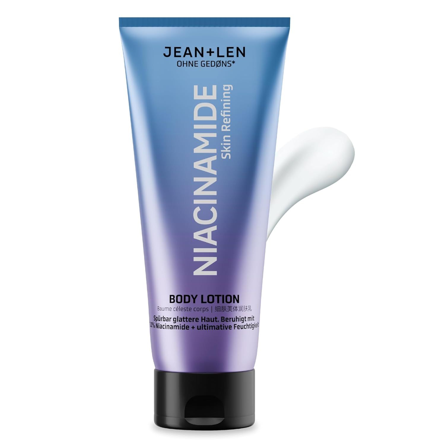 Blau-weiße Tube mit Niacinamide Body Lotion. Weiße Creme wird aus der Tube gedrückt.