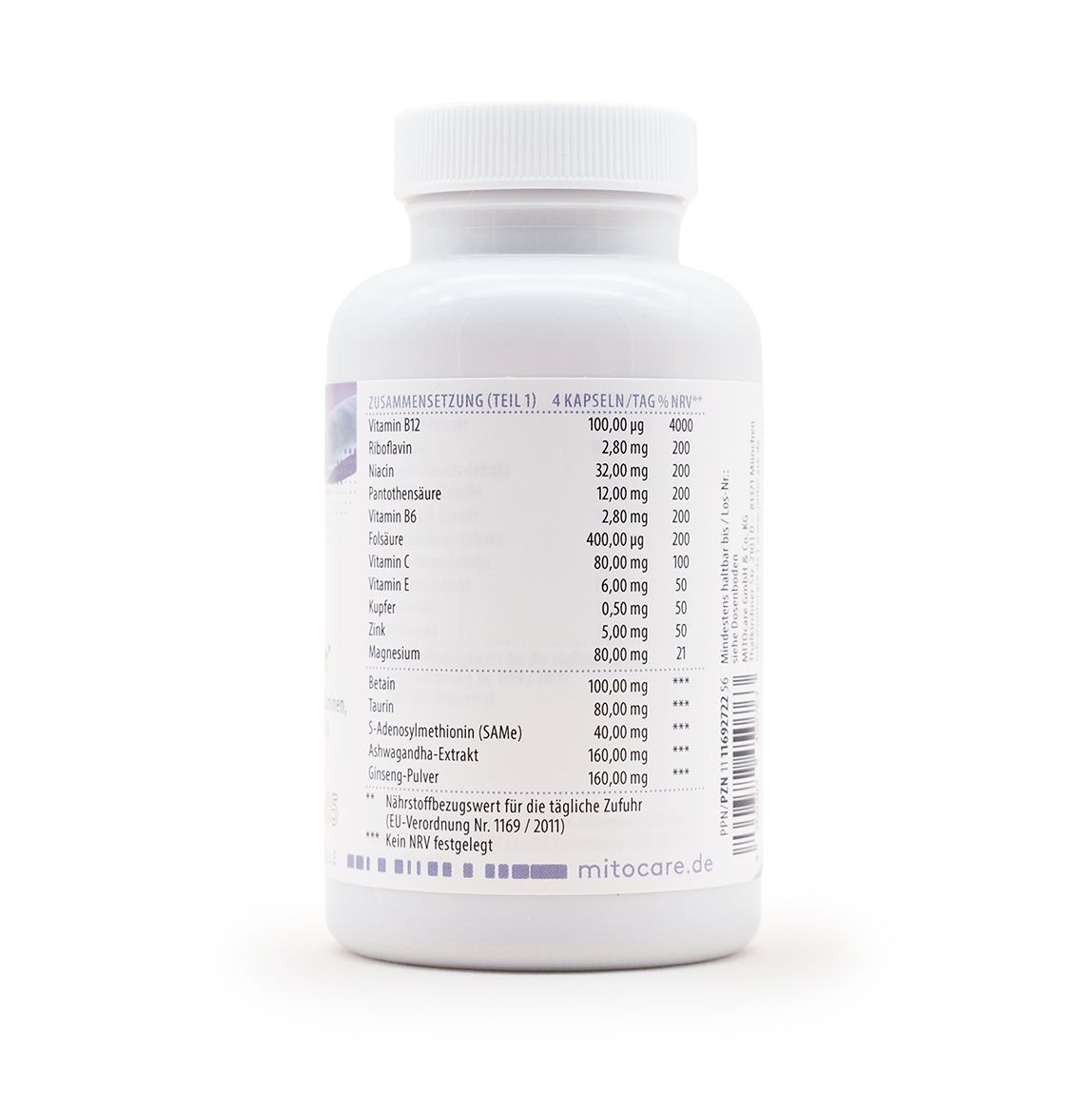 Rückseite einer MITOcare® NEUROadapt Kapseldose mit Nährwertangaben pro 4 Kapseln.