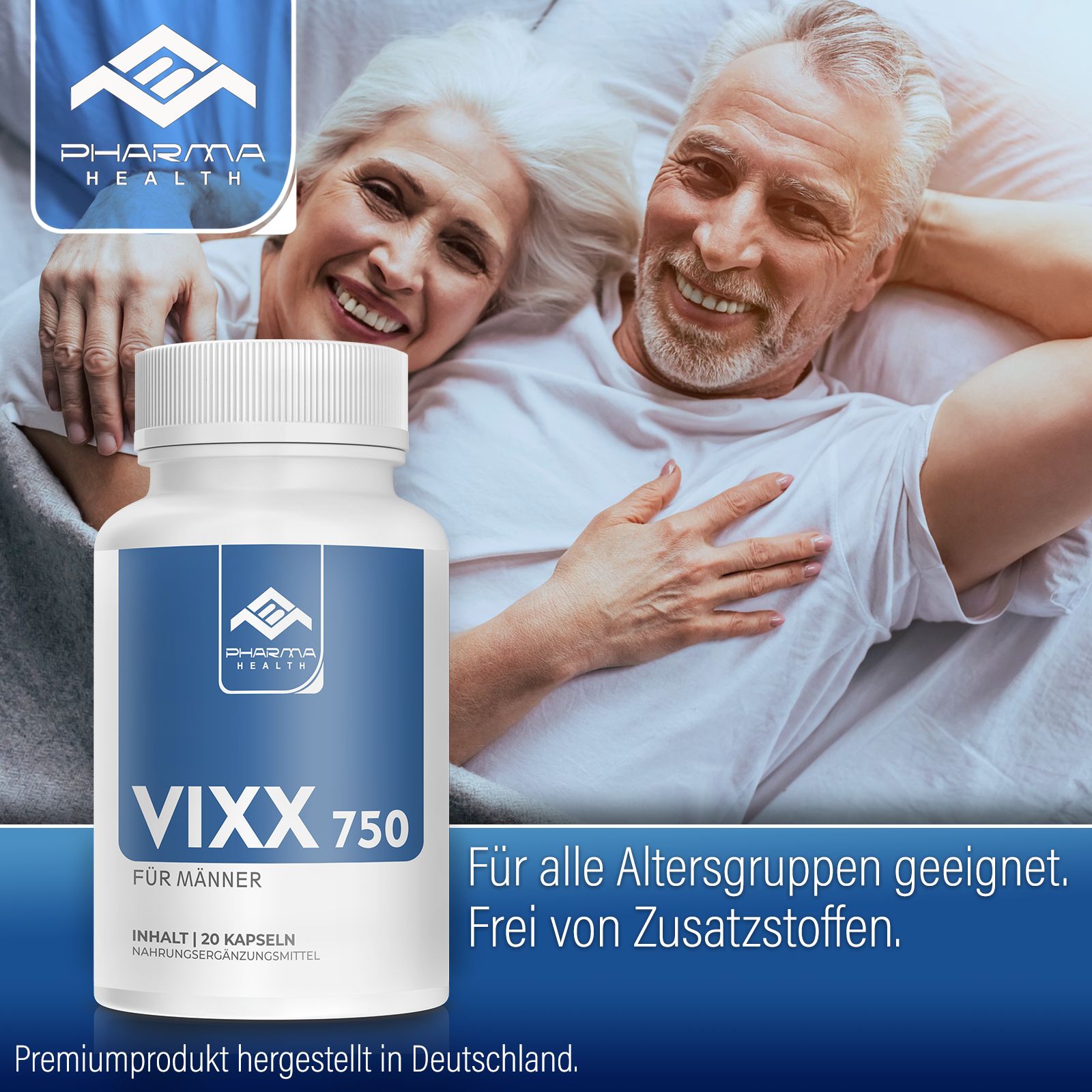 Flasche mit blauem Etikett. Aufschrift: Vixx 750 für Männer. 20 Kapseln. Hintergrund: älteres Paar. Text: Für alle Altersgruppen geeignet. Frei von Zusatzstoffen.