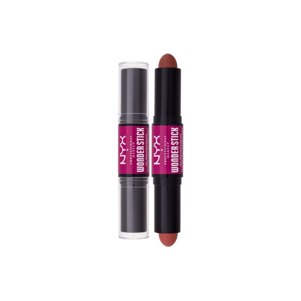 Doppel-Make-up-Stift. NYX Professional Makeup Wonder Stick. Zwei Farben: Koralle und tiefes Pfirsich. Schwarzer Stift, rosa Etikett.
