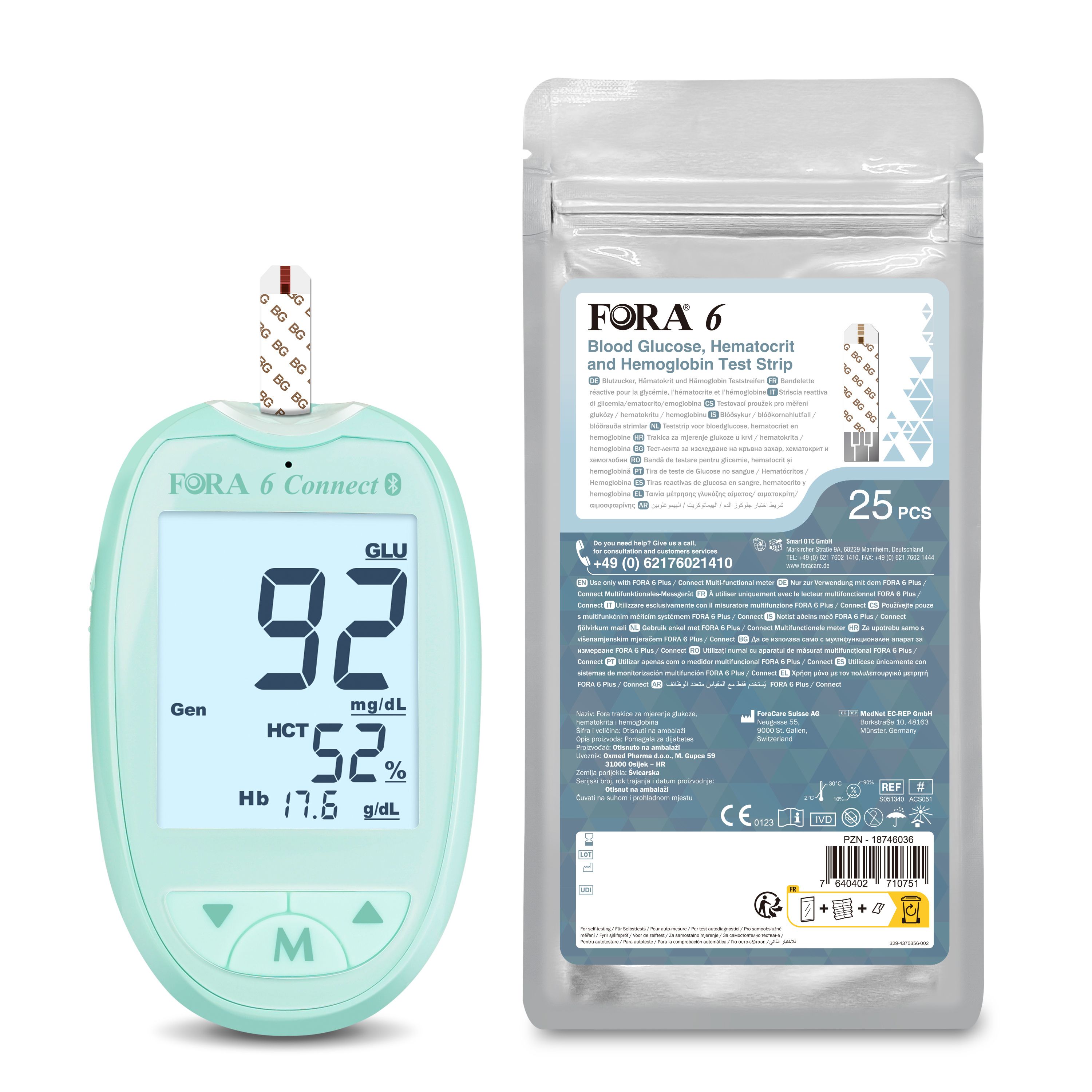 Blutzuckermessgerät mit Display. Zeigt 92 GLU, 52% HCT, 17.6 g/dl Hb an. Teststreifen und Verpackung mit Aufschrift FORA 6.