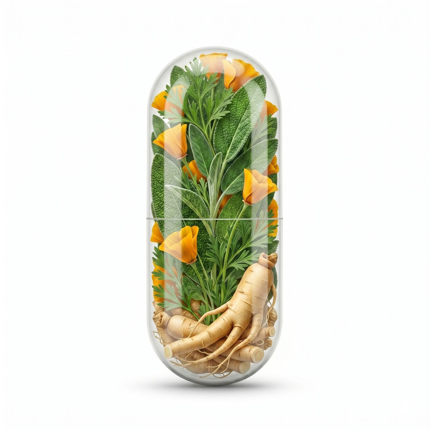 Transparente Kapsel mit Pflanzen: Salbei, Ringelblume, Ginseng.