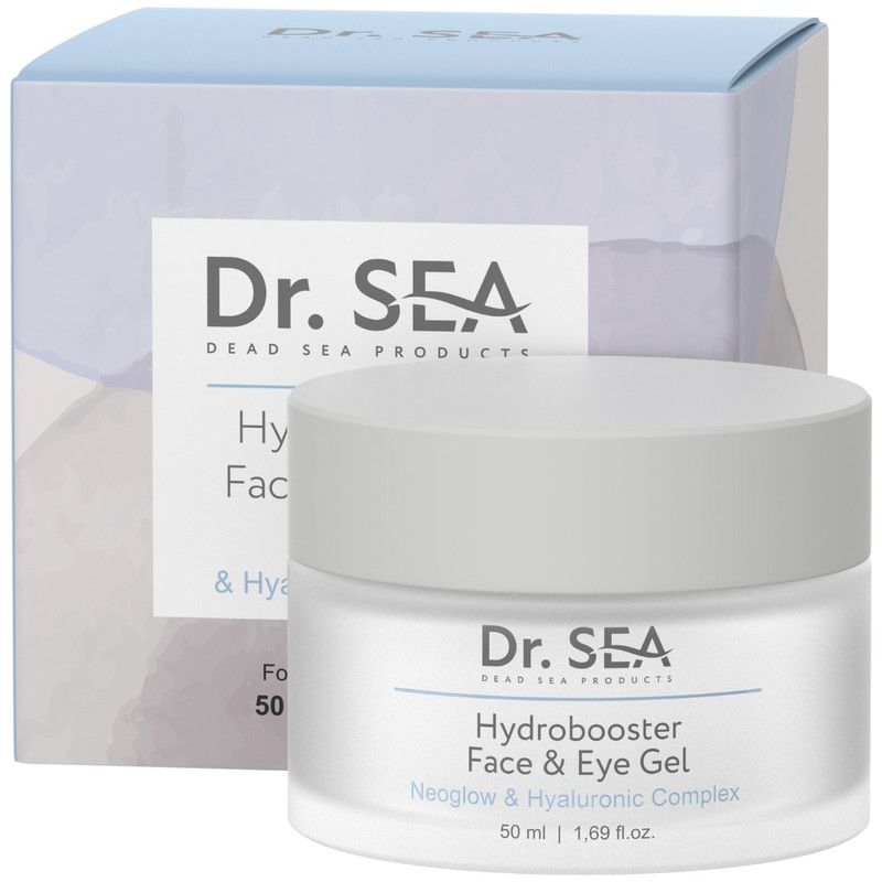 Cremebehälter mit Deckel und Verpackung. Aufschrift: Dr. SEA, Hydrobooster Face & Eye Gel, 50 ml.