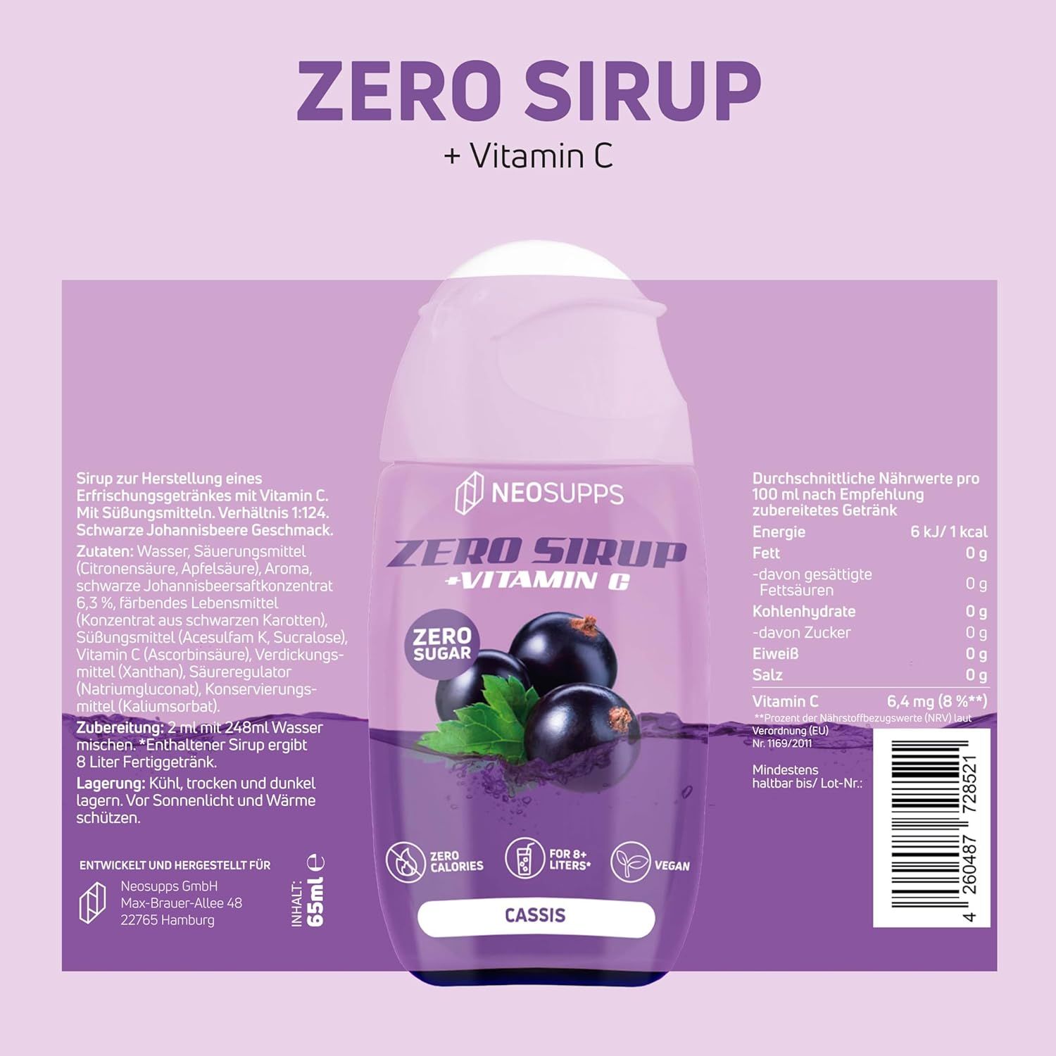 Flasche mit Produkt. Aufschrift: Zero Sirup + Vitamin C, Cassis. Enthält Nährwertangaben und Zutatenliste.