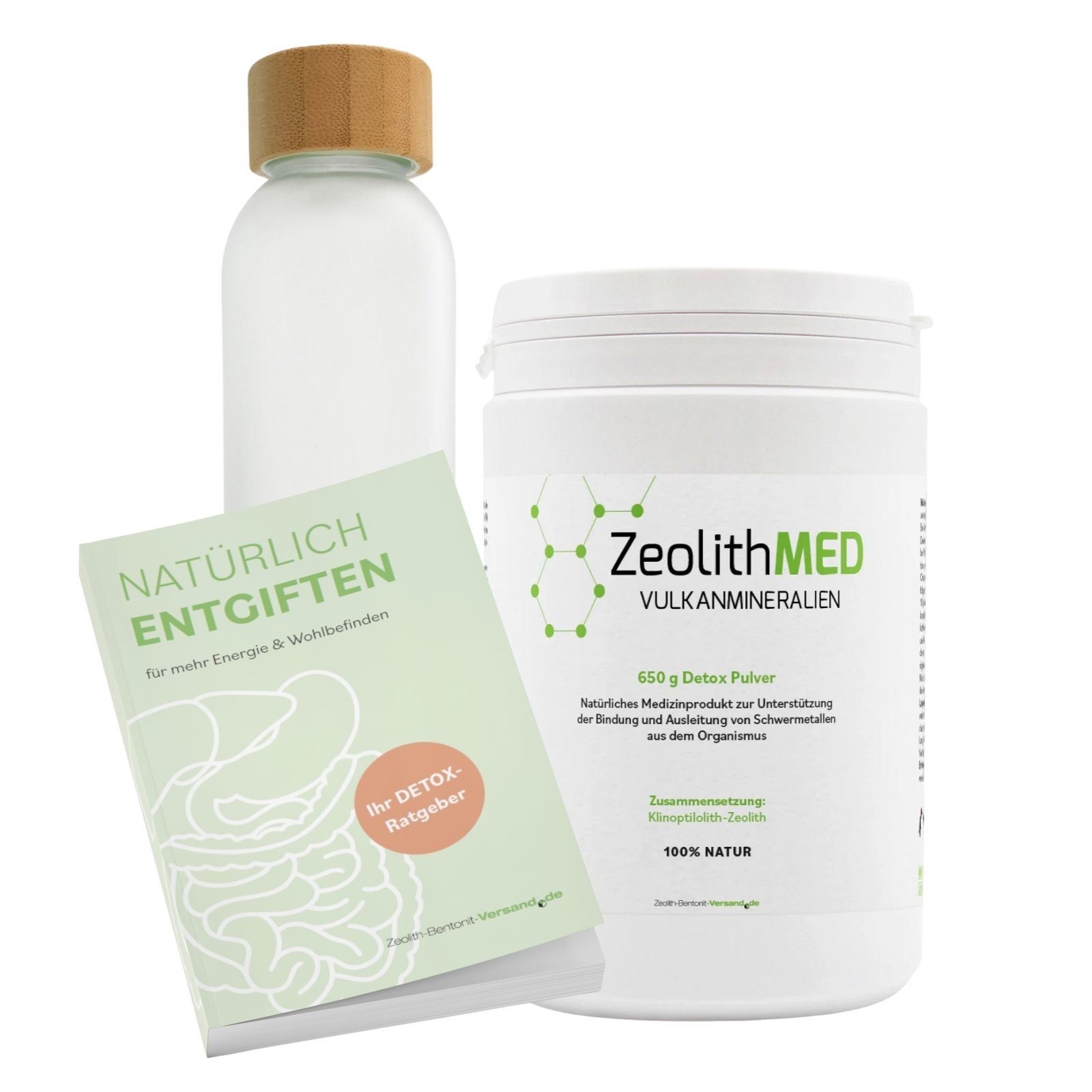 Set mit Trinkflasche, Dose und Ratgeber. Dose mit ZeolithMED-Aufdruck, Ratgeber mit Titel.