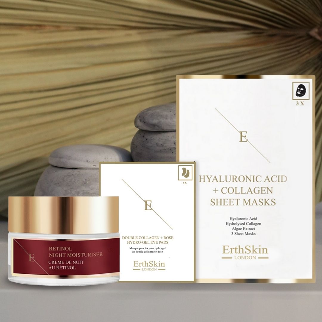Creme-Tiegel, Augenpads und Maskenpackung. Aufschrift: ErthSkin London, Retinol Nachtfeuchtigkeitscreme, Hyaluronsäure + Kollagen Sheet Masks.