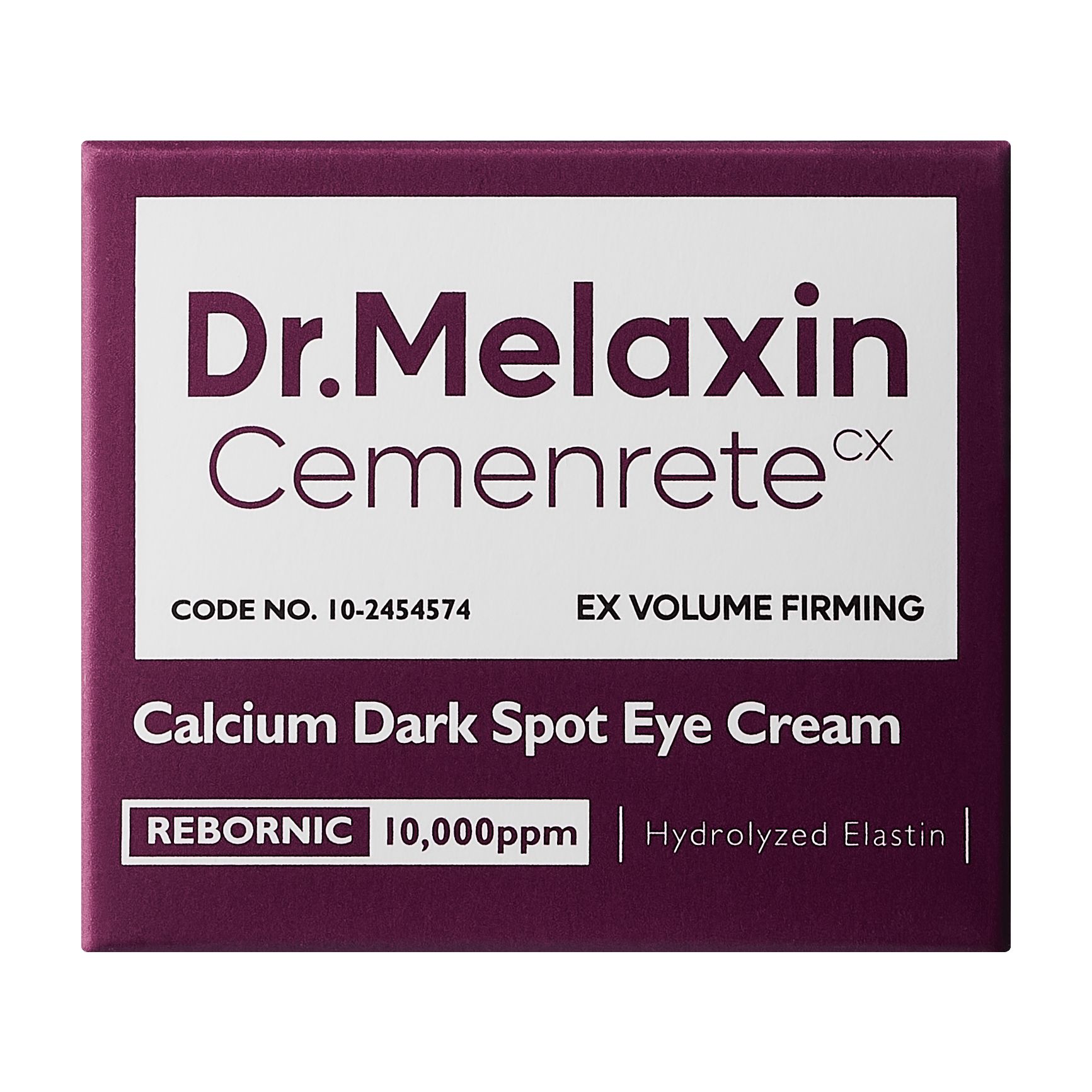 Verpackung von Dr.Melaxin Cemenrete Calcium Dark Spot Eye Cream. Weißer Hintergrund mit Produktnamen und Details.