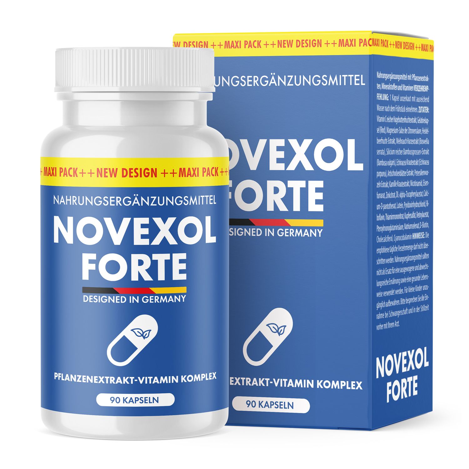 Nahrungsergänzungsmittel-Dose und -Schachtel. Blaue Dose mit weißem Deckel, Aufschrift Novexol Forte. Schachtel mit Produktinformationen.