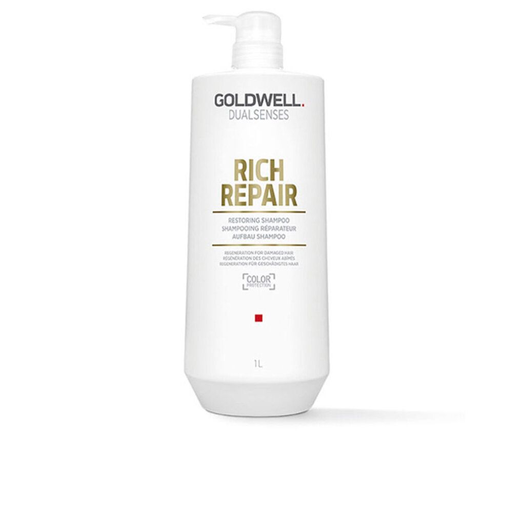 Goldwell Rich Repair Shampoo, weiße Flasche mit Pumpe. Aufschrift: Rich Repair, Restoring Shampoo, 1L.