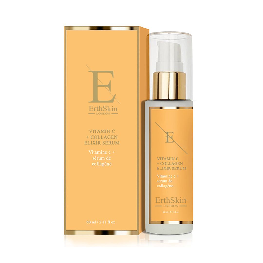 Flasche und Kartonverpackung des ErthSkin Vitamin C + Kollagen Elixir Serums.