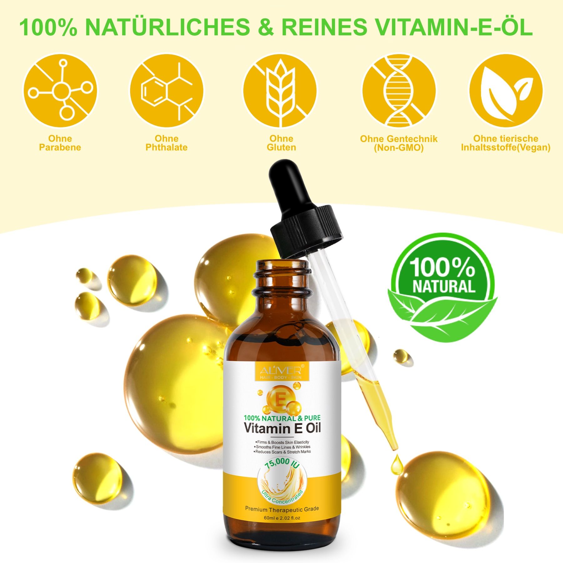 ALIVER Vitamin E Öl Flasche mit Pipette. Gelbe Tropfen und Icons. 100% natürliches Öl. Ohne Parabene, Phthalate, Gluten, GVO.