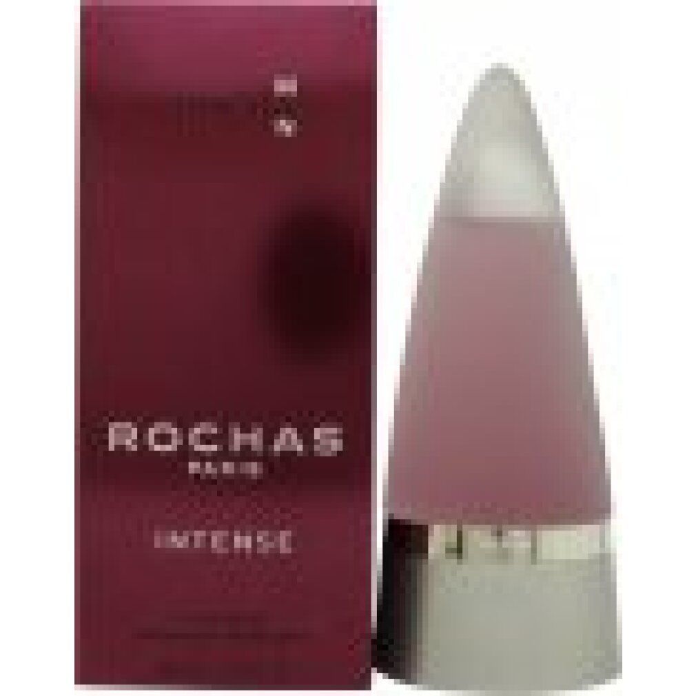 Rochas Man Intense Eau De Parfum Spray. Flakon und Verpackung. Kegelförmiger Flakon, roter Karton mit Produktnamen.