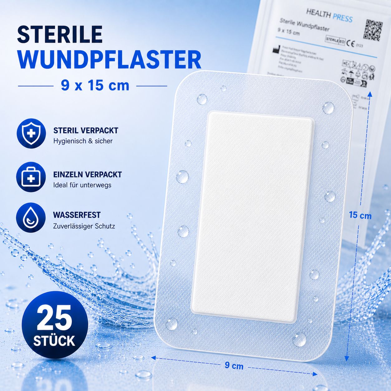 Health Press steriles, wasserfestes Wundpflaster, 9x15 cm, 25 Stück, einzeln verpackt.