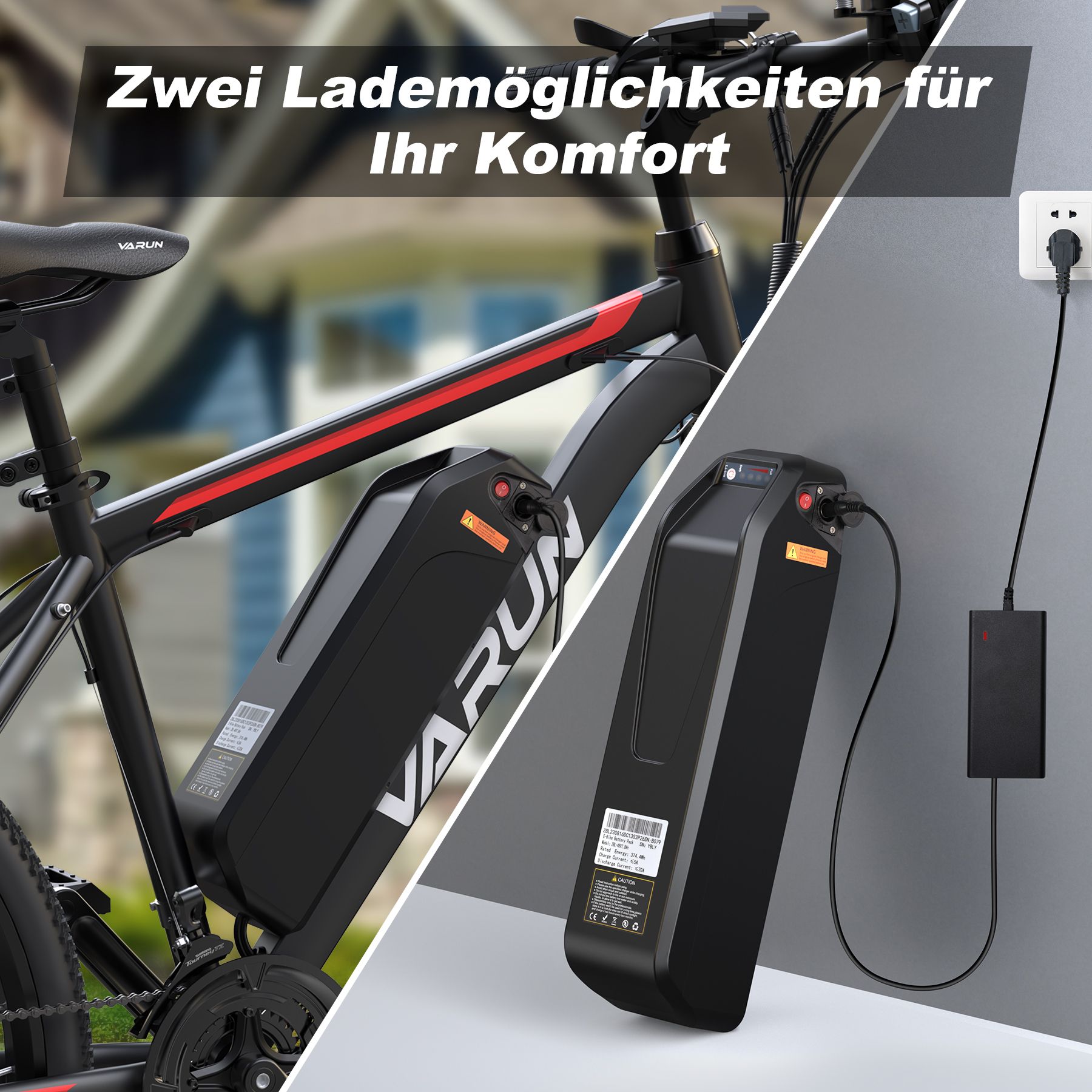 Zwei Lademöglichkeiten für den Akku. Akku am Fahrrad und beim Laden an der Steckdose. Schwarzes Design.