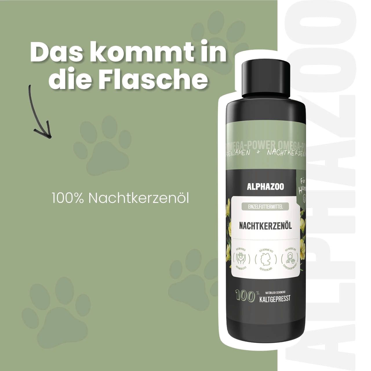 Produktflasche mit Text: ALPHAZOO, Nachtkerzenöl, 100% kaltgepresst. Hintergrund mit Pfotenabdrücken. Text: Das kommt in die Flasche.