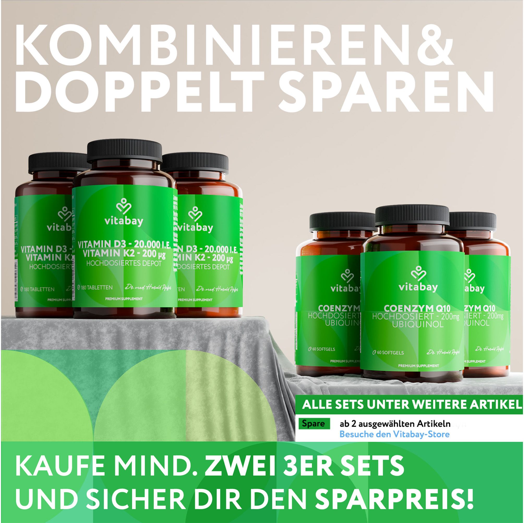 Mehrere Vitabay Vitamin D3 und K2 Flaschen sowie Coenzym Q10 Flaschen.