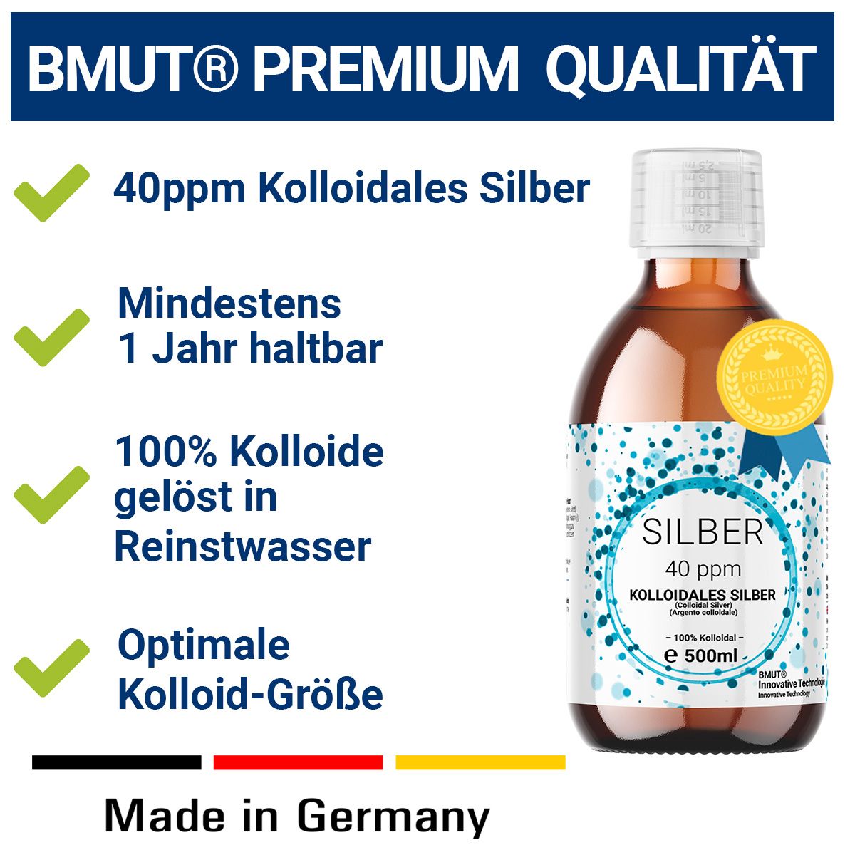 Produktflasche mit Etikett. Text: 40ppm Kolloidales Silber, mindestens 1 Jahr haltbar, 100% Kolloide gelöst in Reinwasser. Made in Germany.