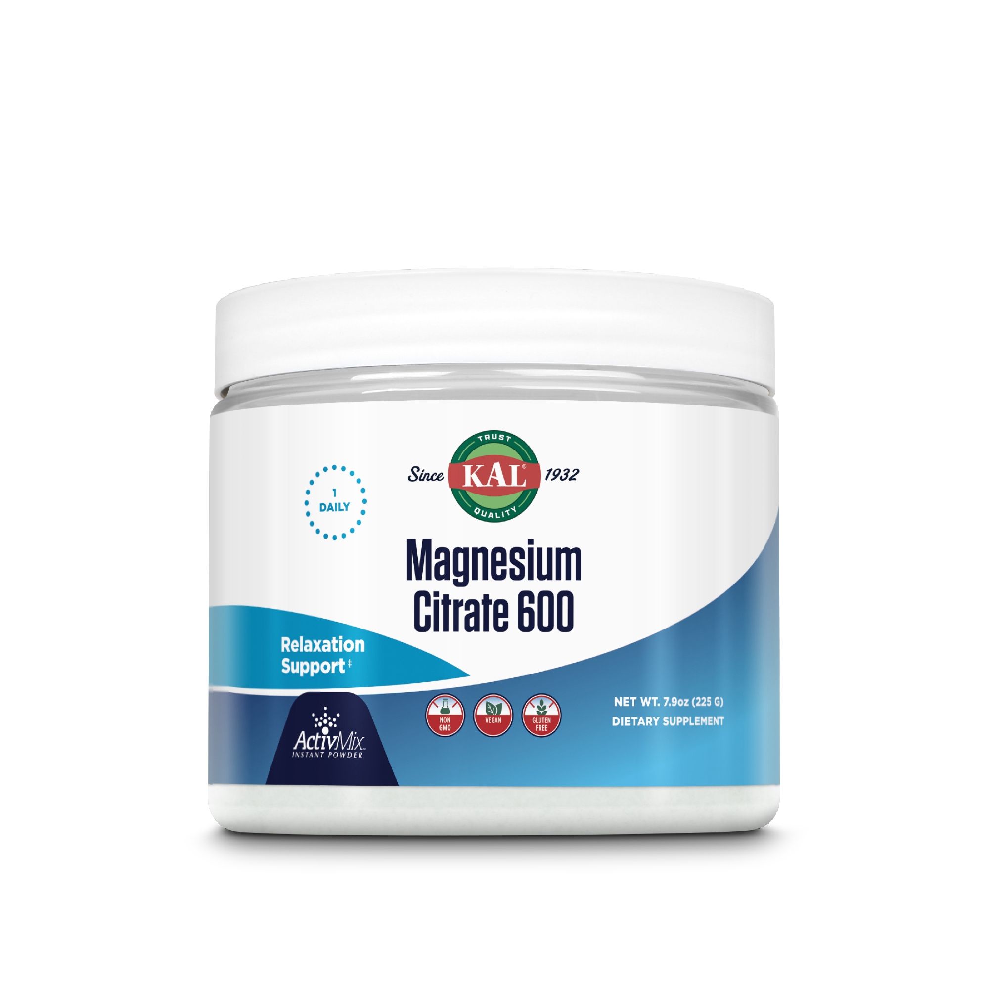 Weißes Produktglas mit blauem Etikett. Aufschrift: Magnesium Citrat 600. Text: Relaxation Support. 1 Daily.