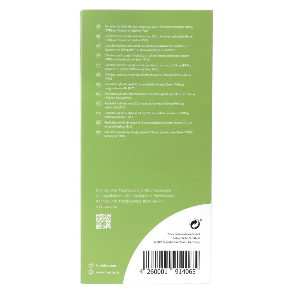 Rückseite der Produktverpackung. Text in mehreren Sprachen. Herstelleradresse und Barcode.