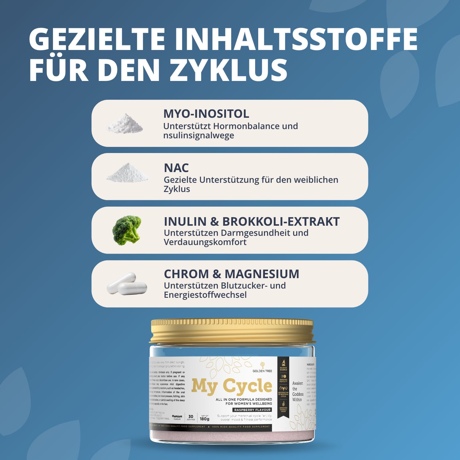 Flasche mit Pulver, Inhaltsstoffe: Myo-Inositol, NAC, Inulin, Brokkoli, Chrom, Magnesium.