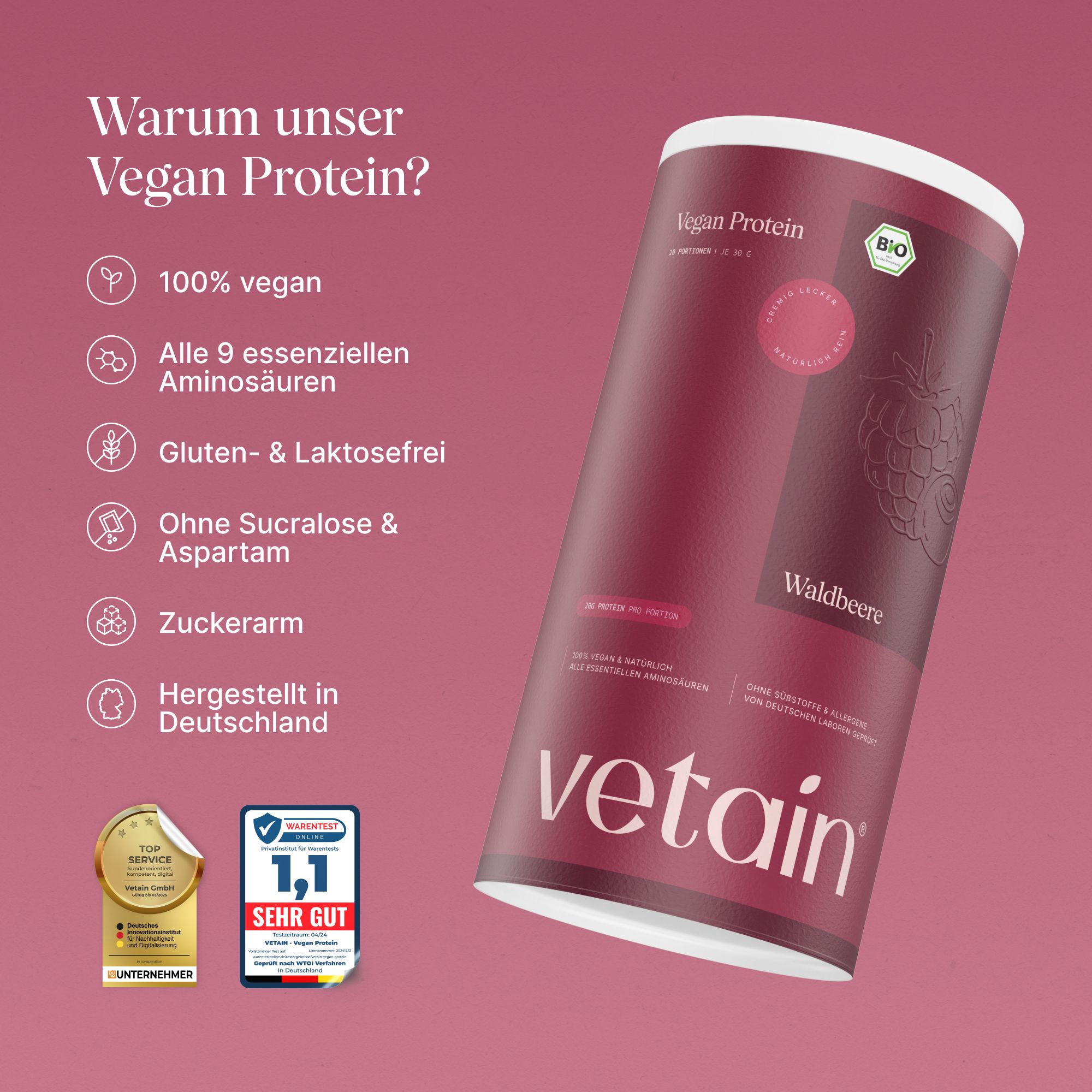 Dose Vetain Vegan Protein, Waldbeere. Text: 100% vegan, alle 9 essentiellen Aminosäuren, gluten- & laktosefrei, ohne Sucralose & Aspartam, Zuckerarm.