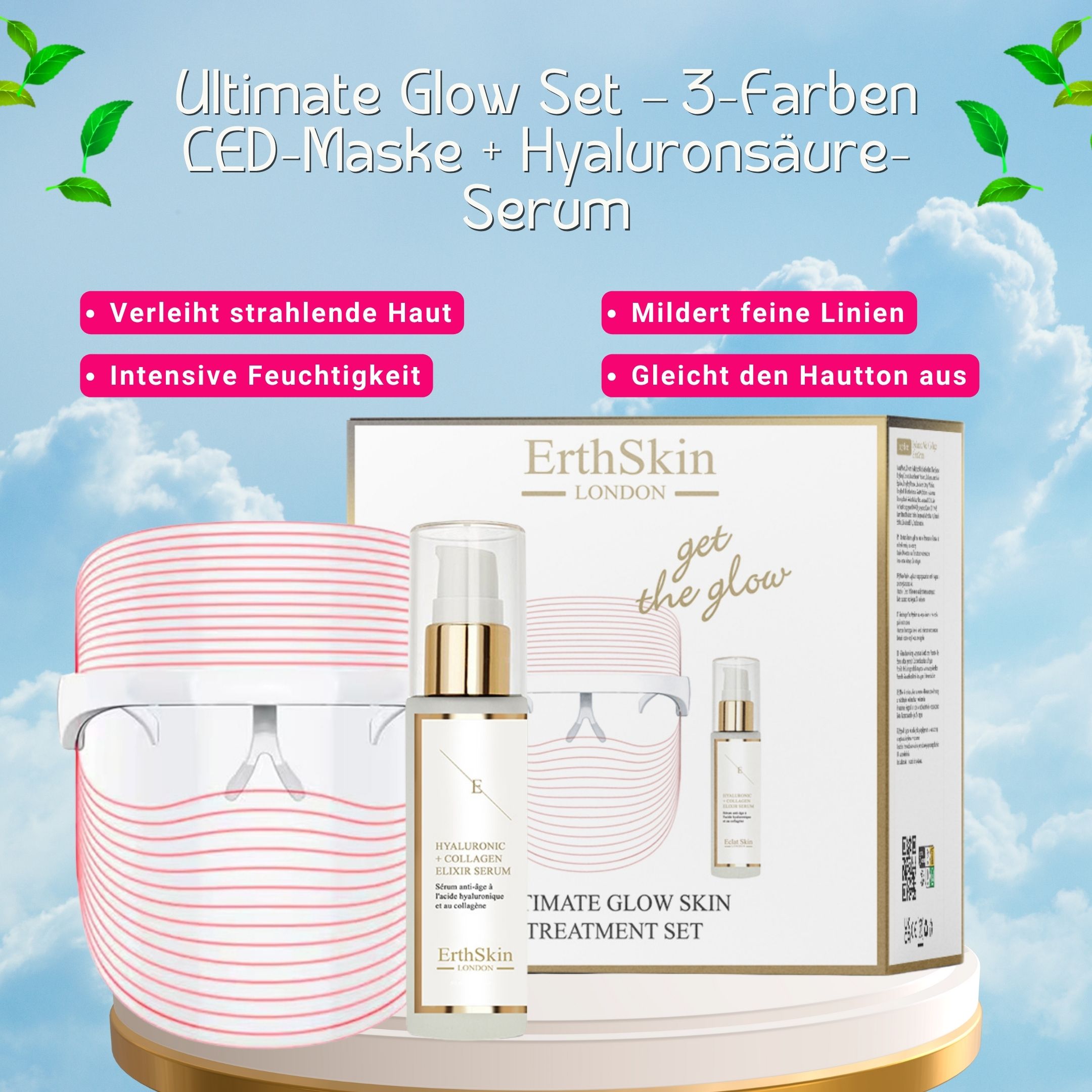 ErthSkin London Ultimates Glow-Set. LED-Maske, Serum und Verpackung. Text: "Ultimate Glow Set", "get the glow" und Produktvorteile.