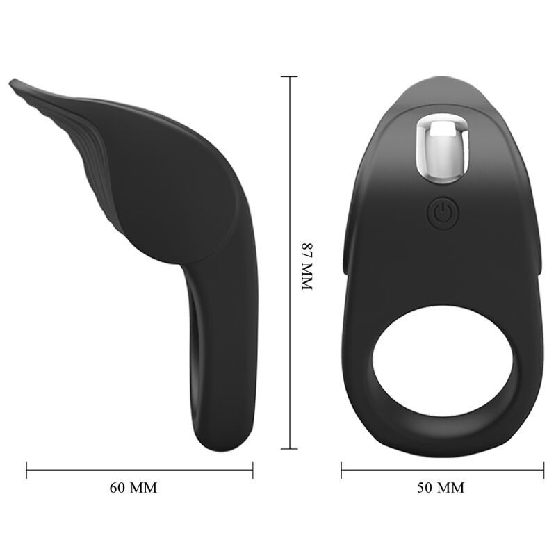 Schwarzer Penisring mit Maßen: 60 mm x 87 mm x 50 mm. Mit Vibrationsfunktion und einem Knopf.