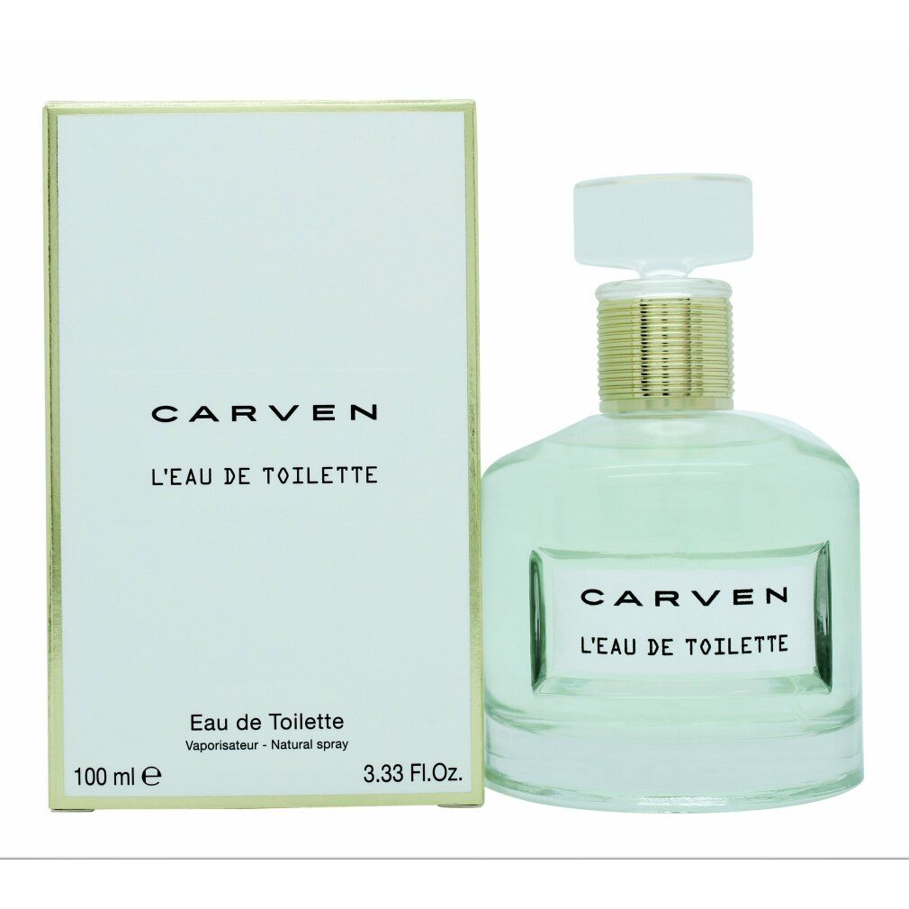 Flakon und Verpackung. Aufschrift: CARVEN L'EAU DE TOILETTE. Flakon mit goldfarbenem Hals und weißem Deckel. Verpackung weiß.