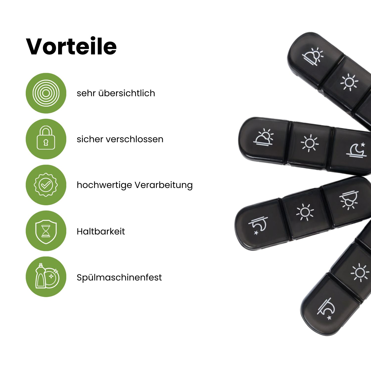 Tablettenbox-Module, teilweise geöffnet. Text: Vorteile, sehr übersichtlich, sicher verschlossen, hochwertige Verarbeitung, Haltbarkeit, spülmaschinenfest.
