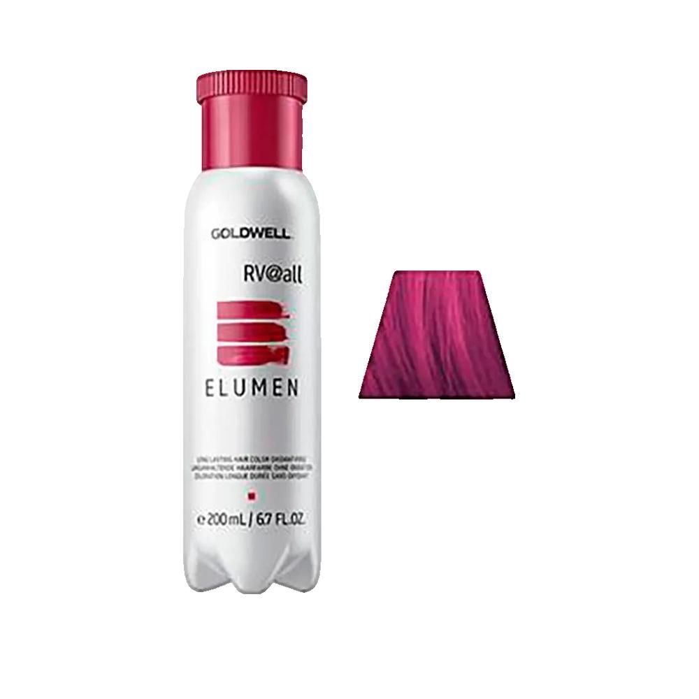Goldwell Elumen RV@all Flasche und Farbmuster. Flasche mit rotem Deckel, weißem Etikett und Produktinformationen. Farbmuster in Pink.