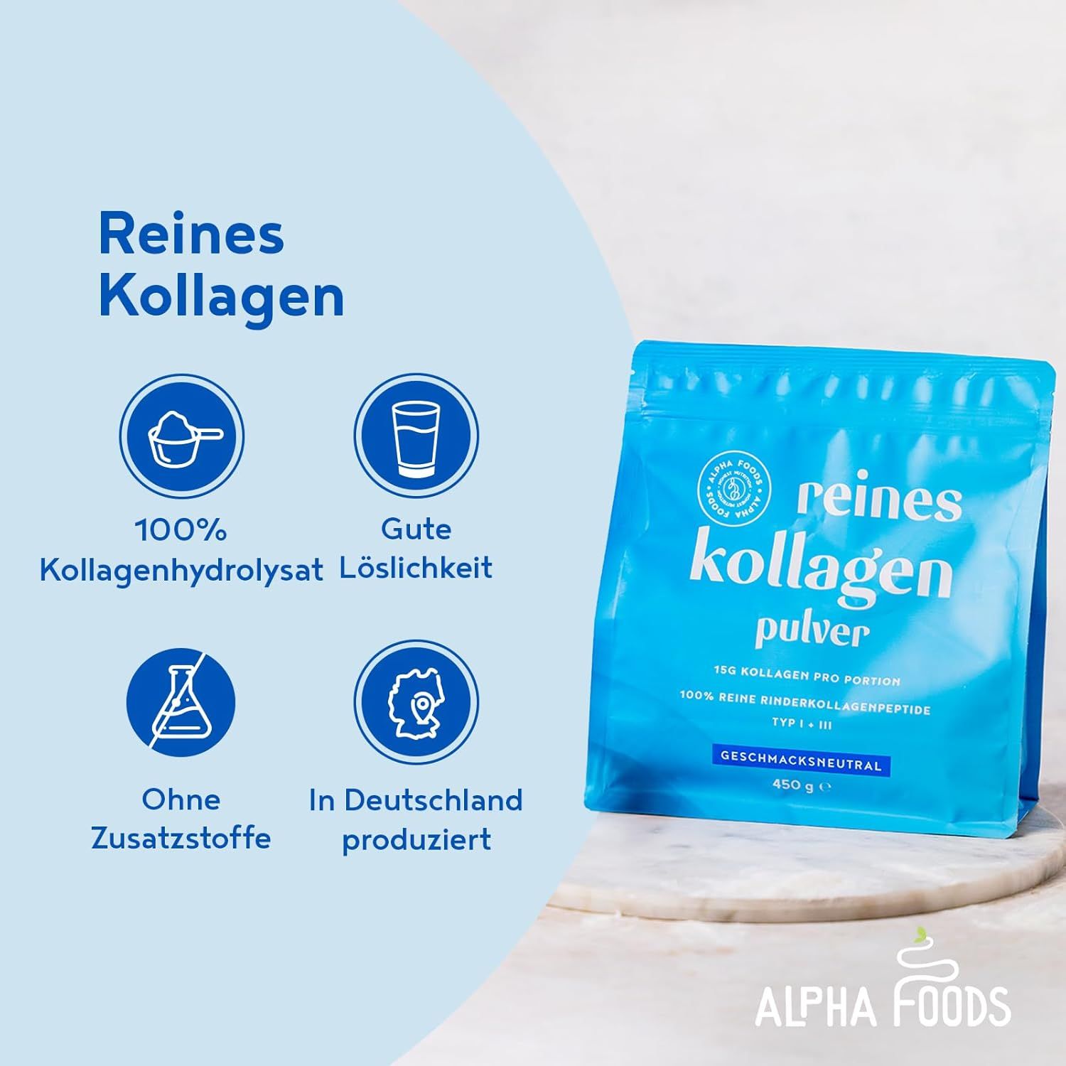 Blaue Verpackung "reines kollagen pulver" neben Infografik. Text: 100% Kollagenhydrolysat, gute Löslichkeit, ohne Zusatzstoffe, in Deutschland produziert.