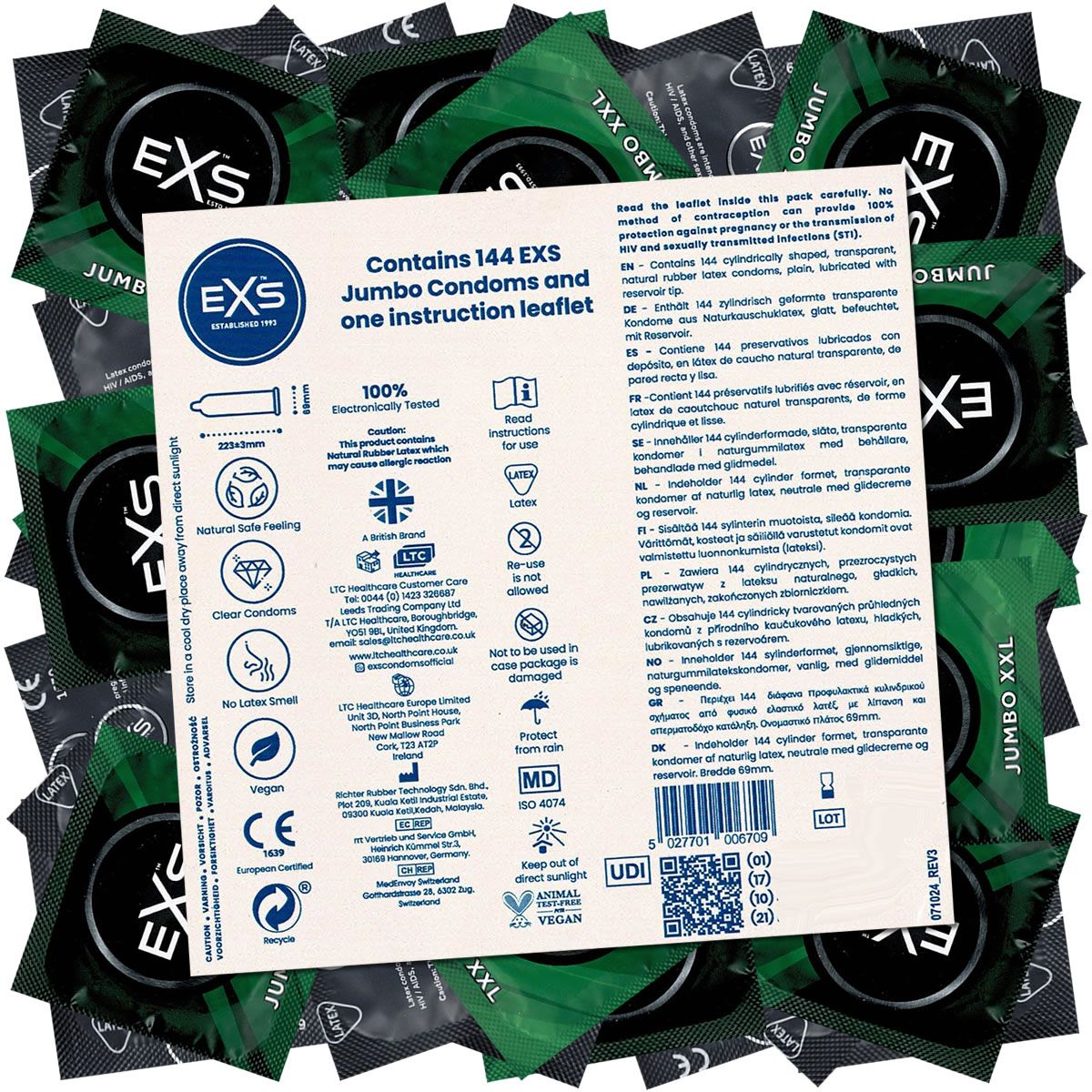 Packung mit 144 Kondomen und Beipackzettel. Marke EXS Jumbo XXL. Transparente Kondome aus Naturkautschuklatex.