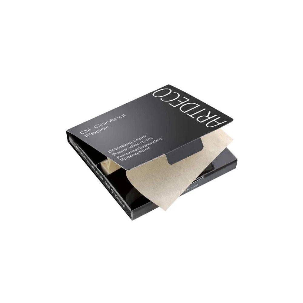 Schwarze Verpackung mit "ARTDECO Oil Control Paper"-Aufdruck. Geöffnete Schachtel mit herausragenden Ölpapieren.