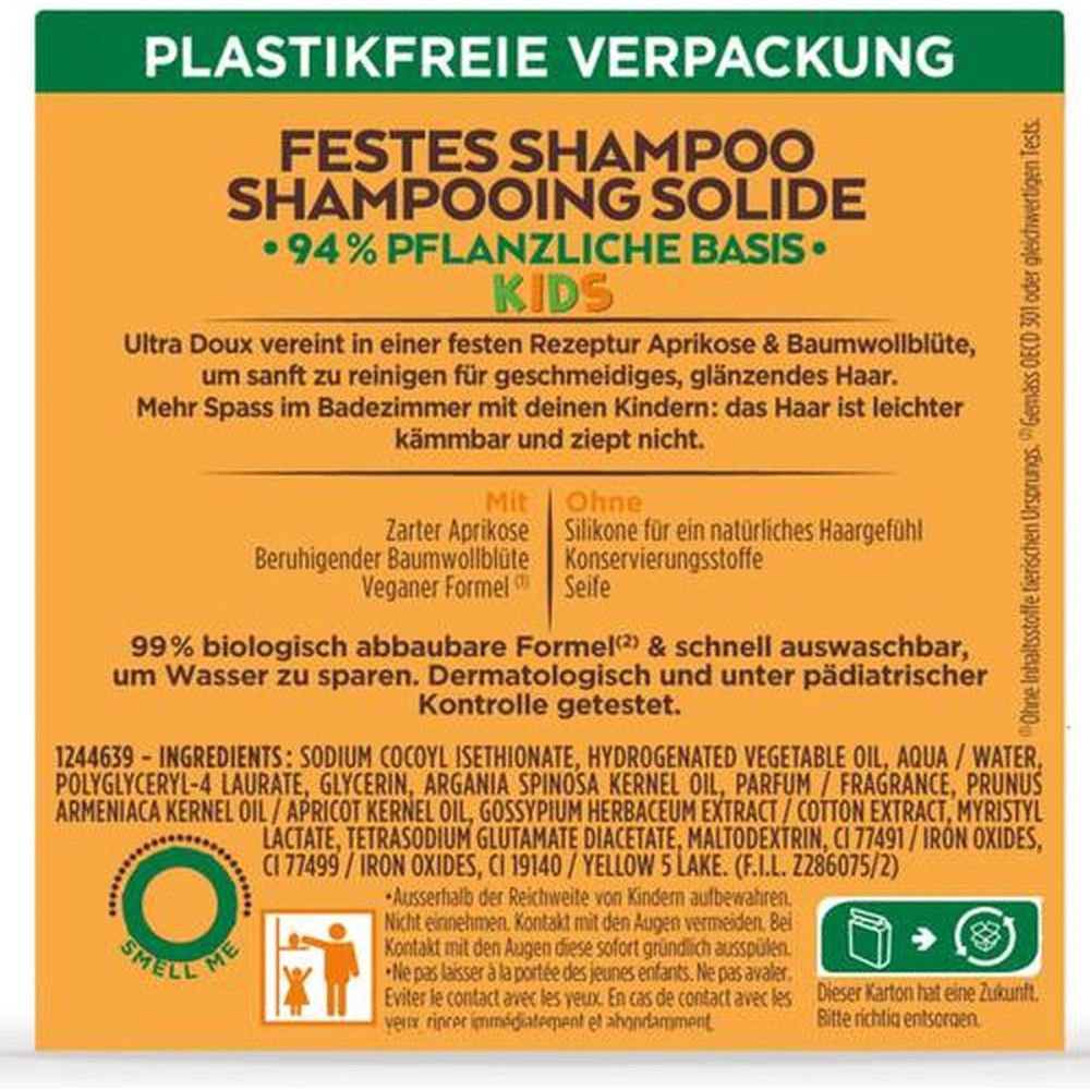 Rückseite einer Garnier Ultra Doux Kids festen Shampoo-Verpackung mit Inhaltsstoffen und Siegeln.