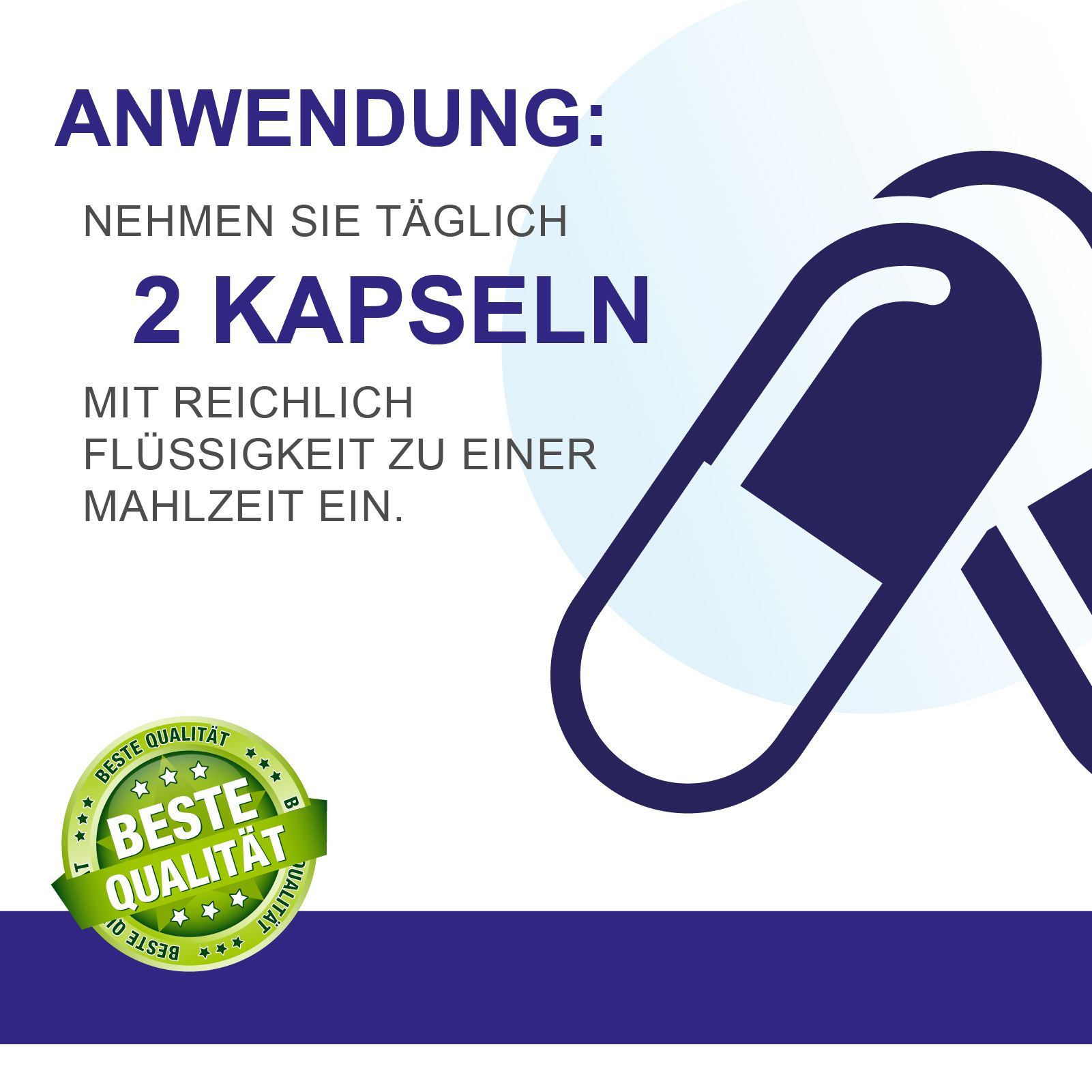 Anwendung: 2 Kapseln täglich mit reichlich Flüssigkeit zu einer Mahlzeit einnehmen. Grüne Qualitätsauszeichnung.