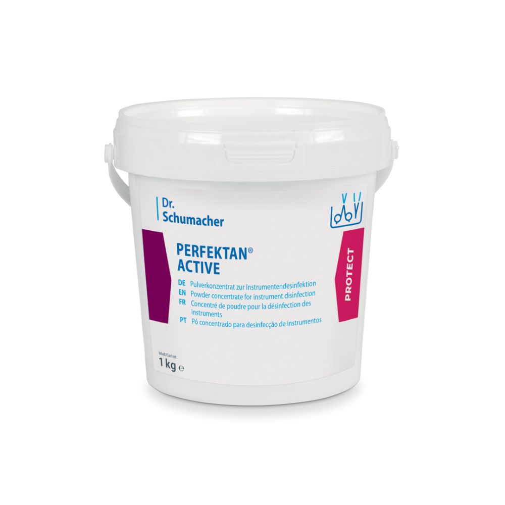 Eimer mit Aufschrift 'Dr. Schumacher Perfektan Active'. Enthält Pulverkonzentrat zur Instrumentendesinfektion. 1 kg.