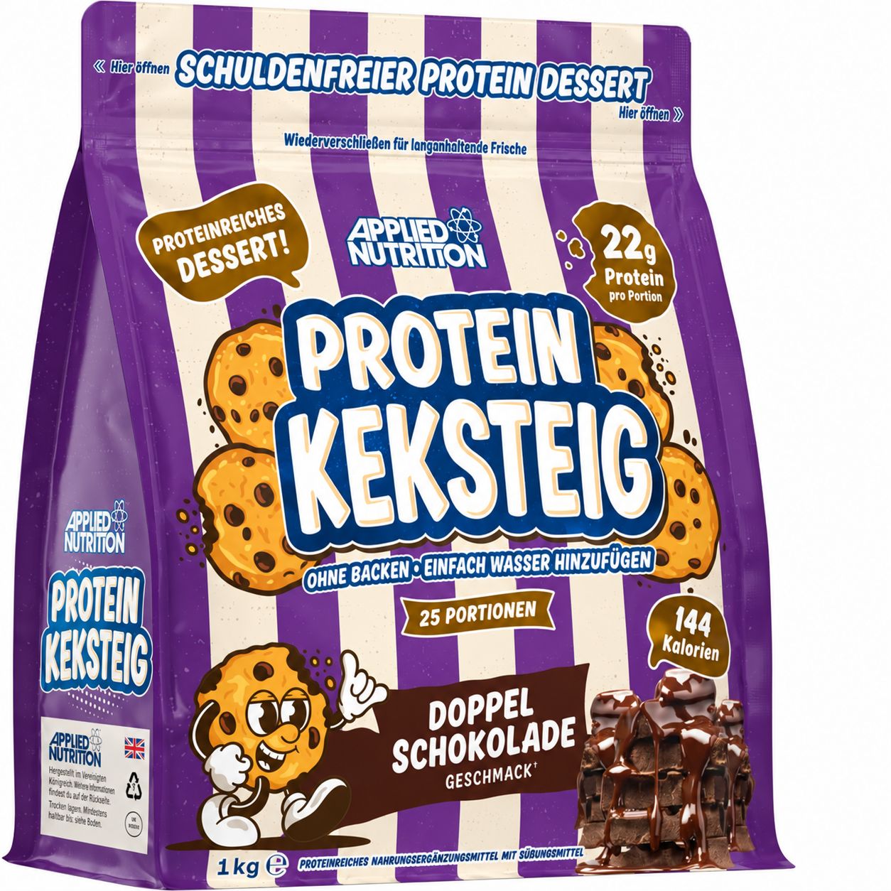 Applied Nutrition Protein Cookie Dough Doppel Schokolade 1kg Beutel mit Keksmotiv.