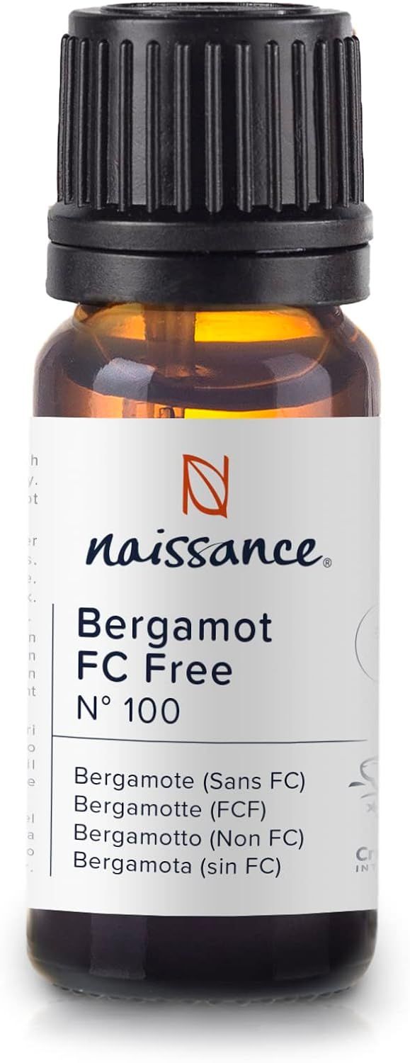 Braune Glasflasche mit Etikett. Text: Naissance Bergamotte FC Free. Logo: Naissance.