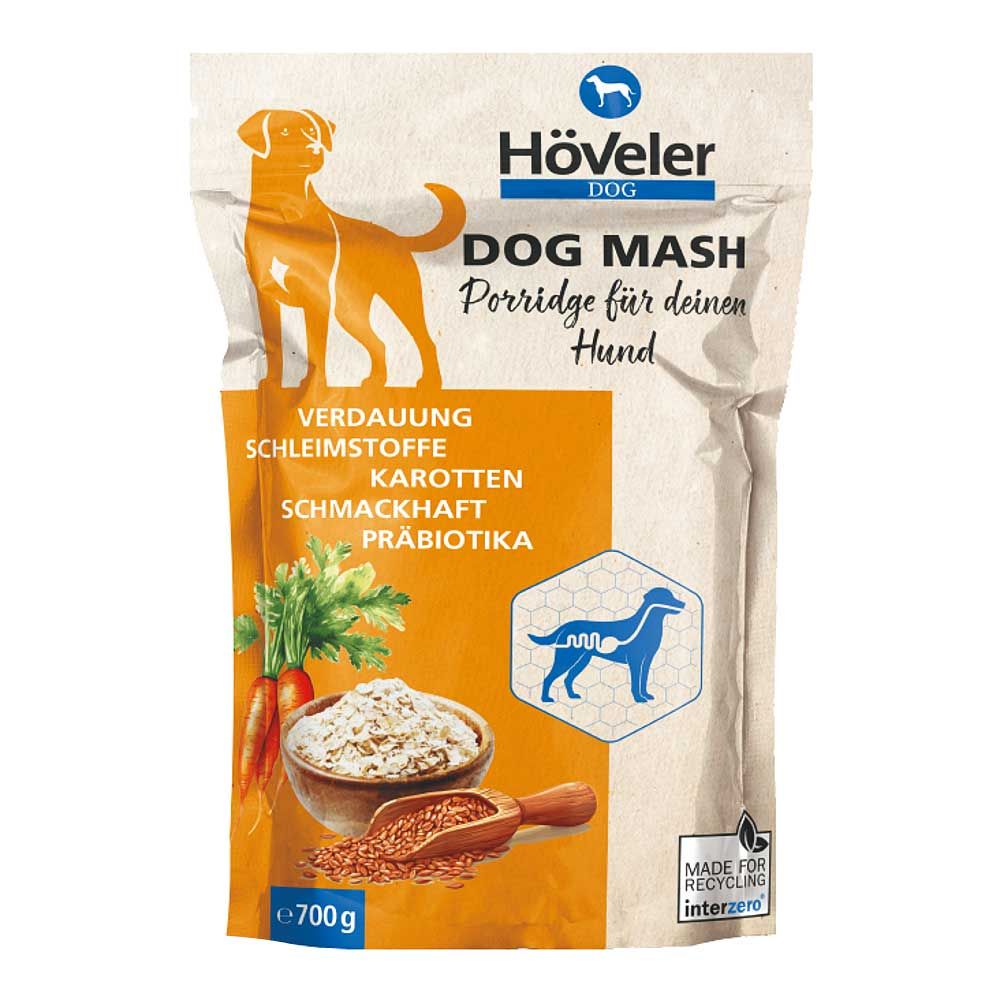 Beutel mit Höveler DOG MASH. Aufdruck mit Hund, Karotten, Text und Logo. Gewicht: 700g. Interzero-Logo.