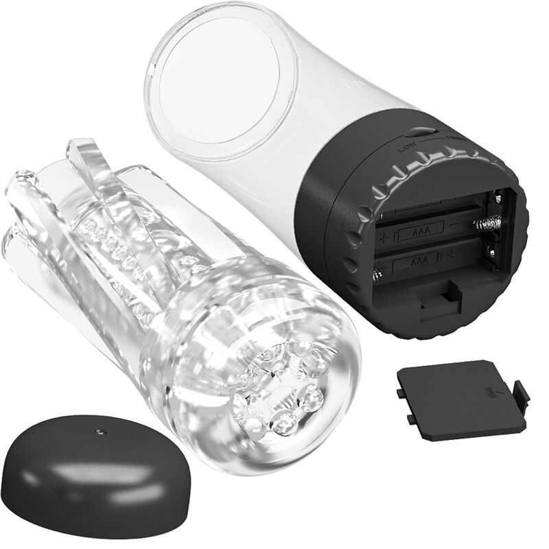 Zylindrisches Gerät mit transparentem Gehäuse, schwarzem Sockel und Deckel. Batteriefach sichtbar.