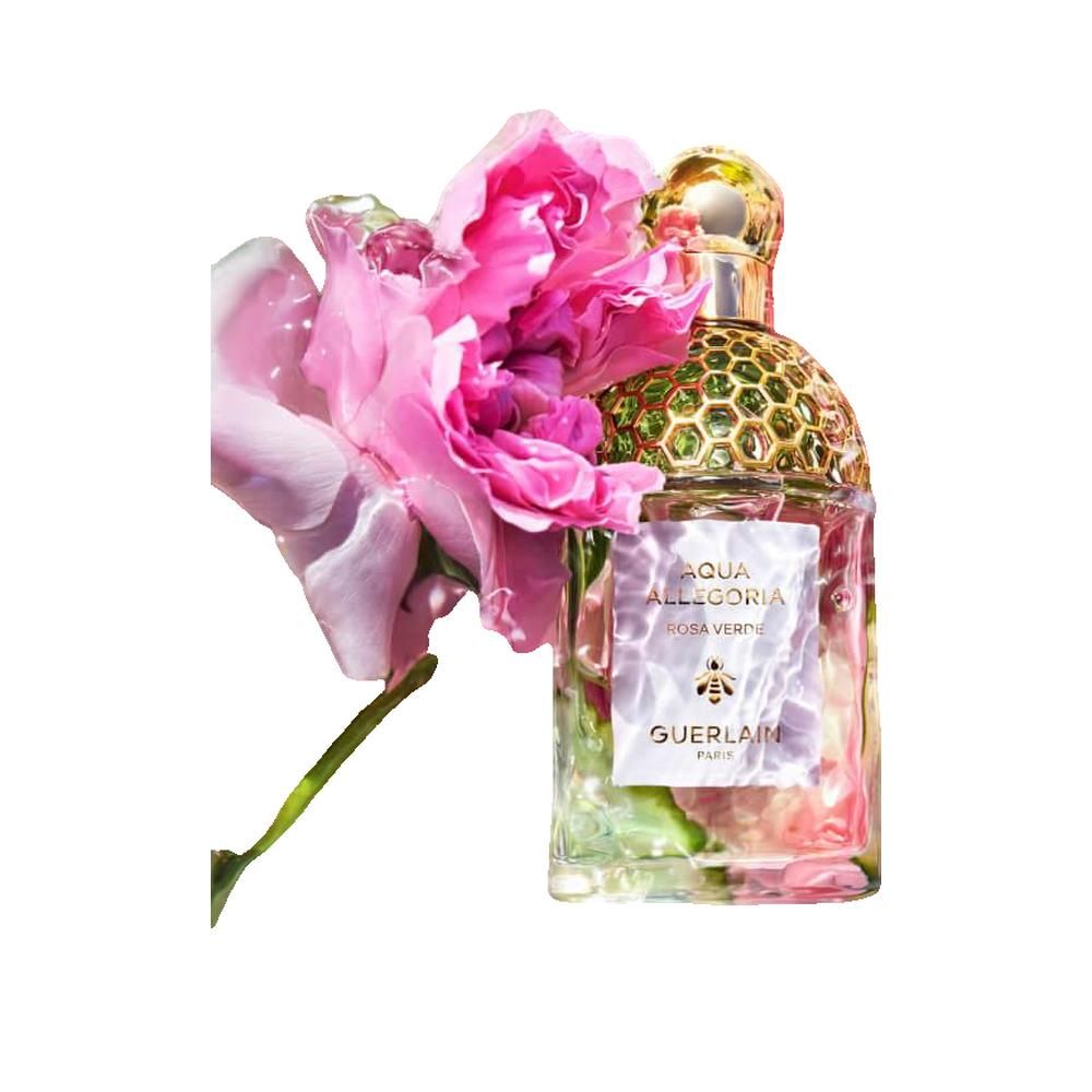 Parfümflakon mit rosa Blüten. Aufschrift: Aqua Allegoria Rosa Verde, Guerlain.