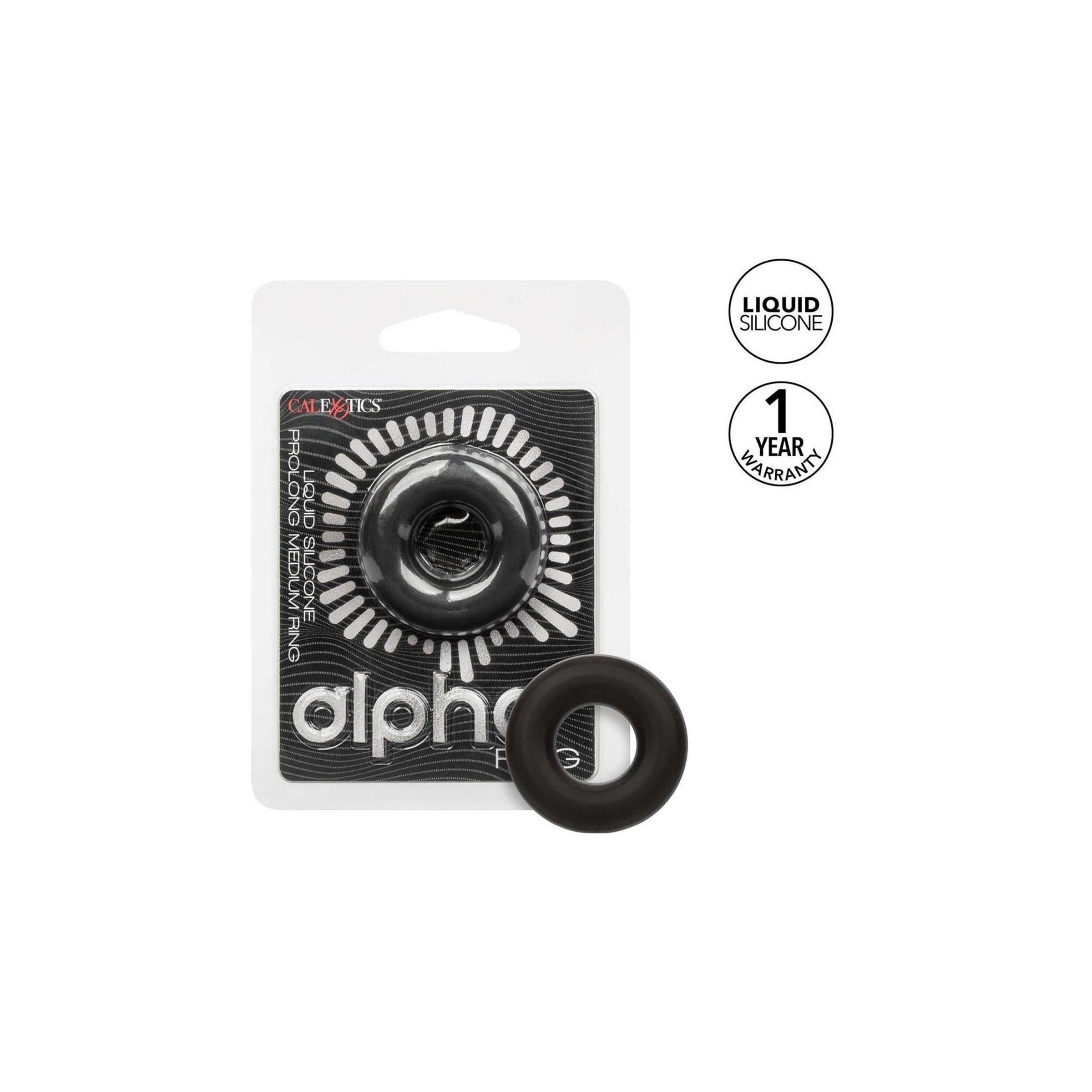 Verpackung mit schwarzem Silikonring. Aufschrift: Alpha Ring, Prolong Medium. Garantie.
