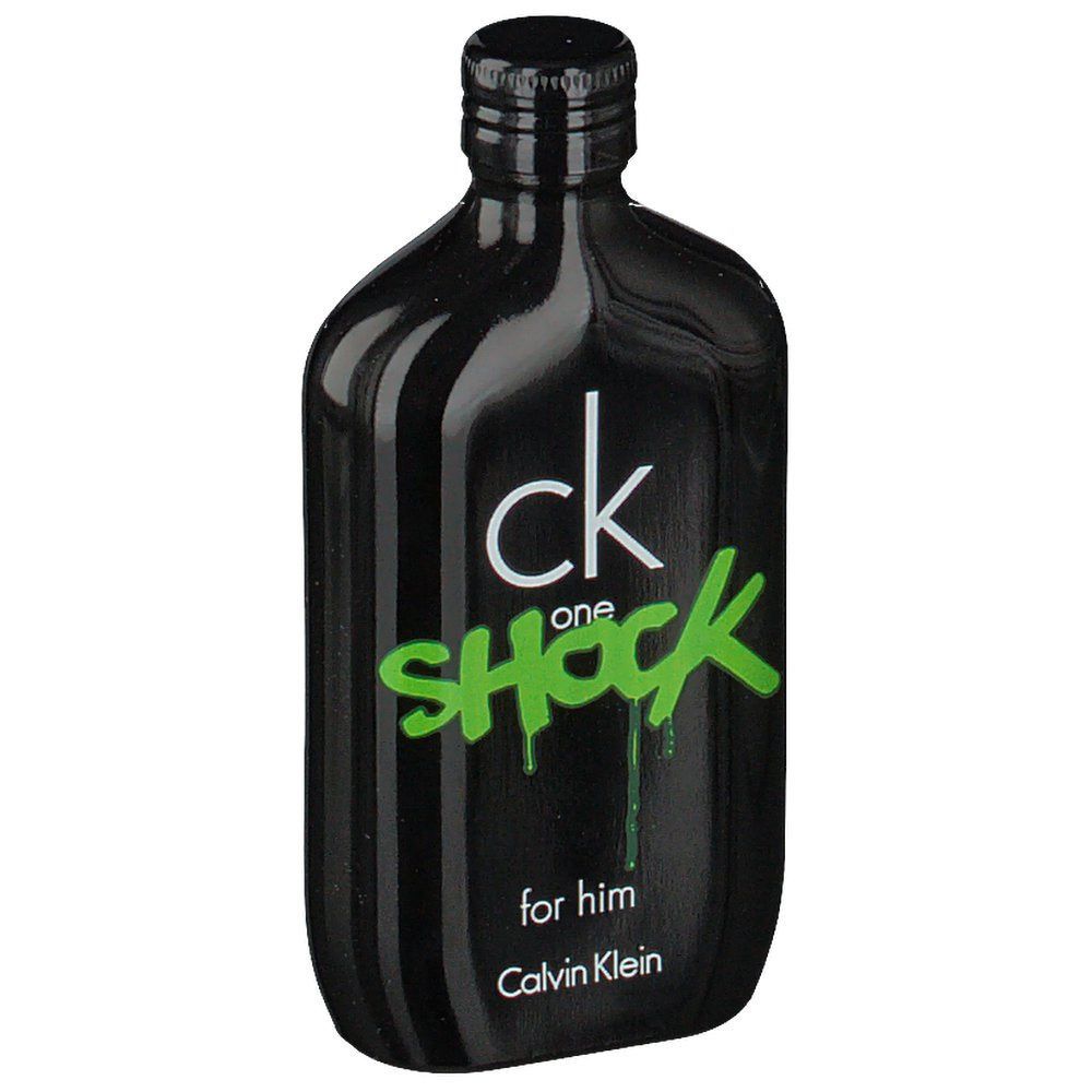 Schwarze Flasche mit grünem "Shock"-Schriftzug. "ck one" und "for him" sowie Calvin Klein-Logo.