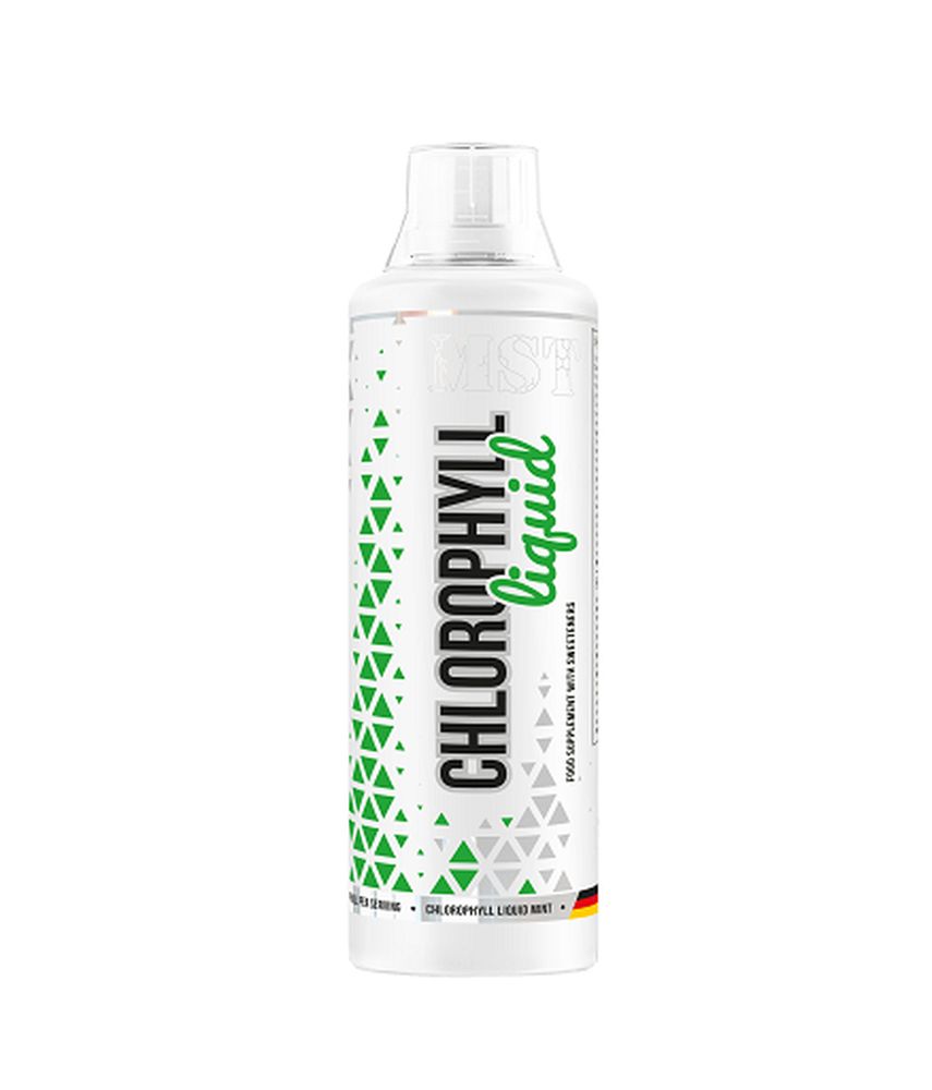 MST Chlorophyll Liquid. Weiße Flasche mit grünem Etikett. Text: Chlorophyll liquid, Food Supplement. Mit Süßstoffen.