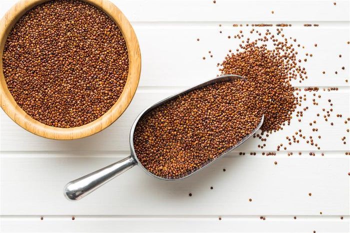 Holzschale und Schaufel mit rotem Quinoa auf weißem Untergrund. Draufsicht.